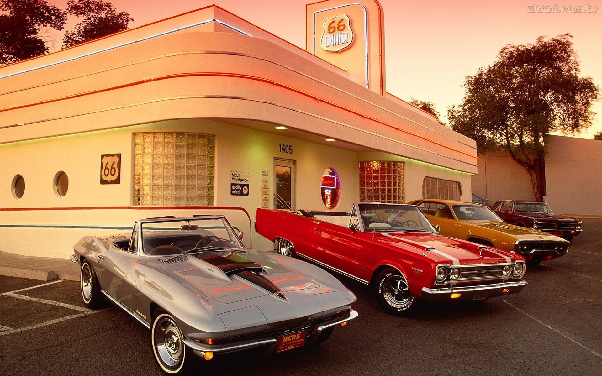 Route 66, Chevrolet Corvette C2, Auto d'epoca, Diner, Streamline Moderne, Tramonto, sfondo desktop