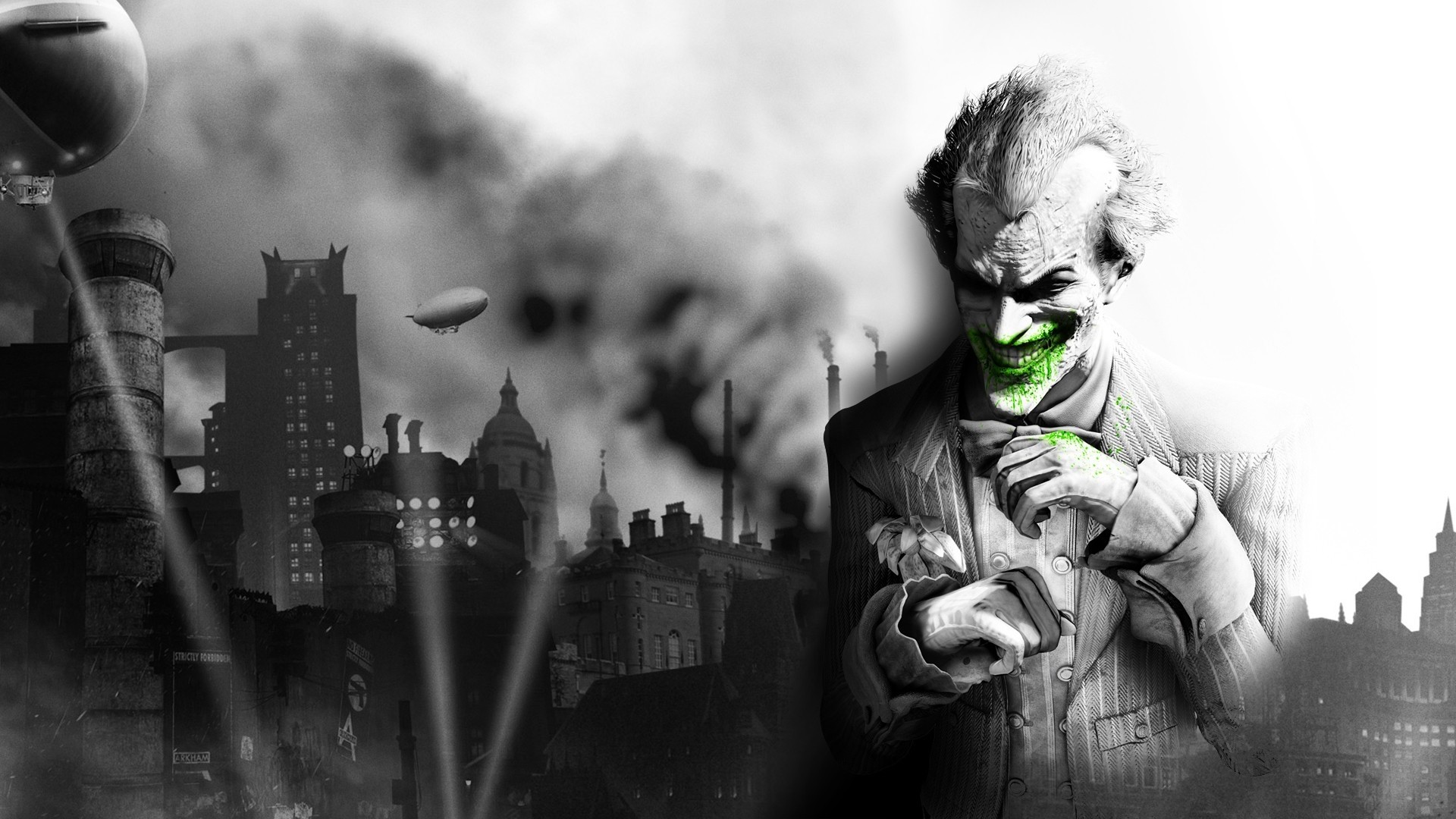 Joker, Batman: Arkham City, Videogioco, Gotham City, Bianco e nero, sfondo desktop 1080p