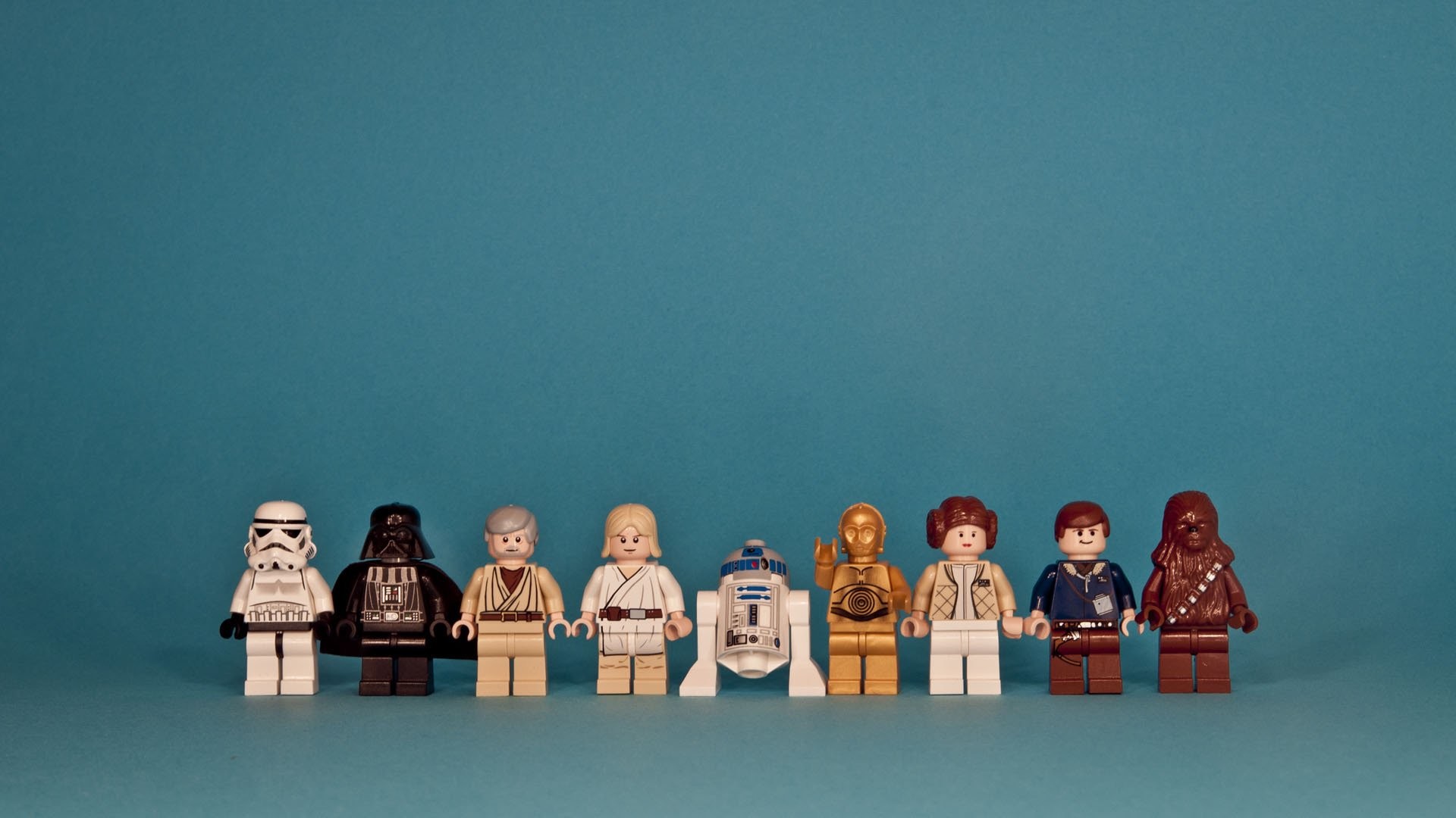 LEGO Star Wars, Minifigure, Stormtrooper, Chewbacca, Sfondo turchese, wallpaper desktop Full HD