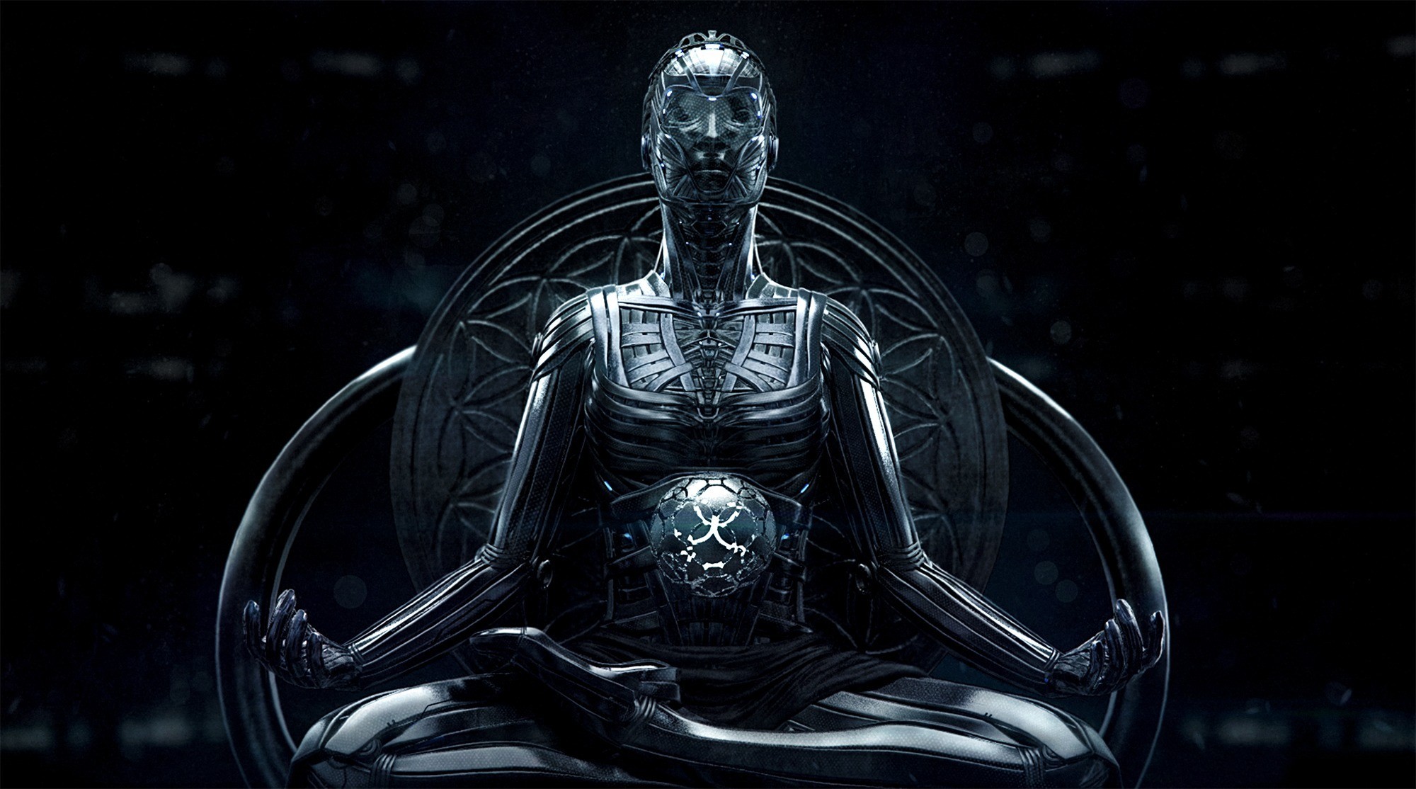 Meditazione, Cyborg, Posizione del loto, Arte digitale, Metallico, sfondo Full HD per portatile