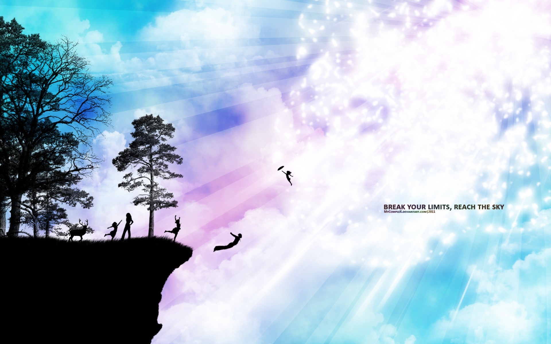 Break your limits, reach the sky, Silhouette, Scogliera, Salto, Cielo luminoso, sfondo Full HD