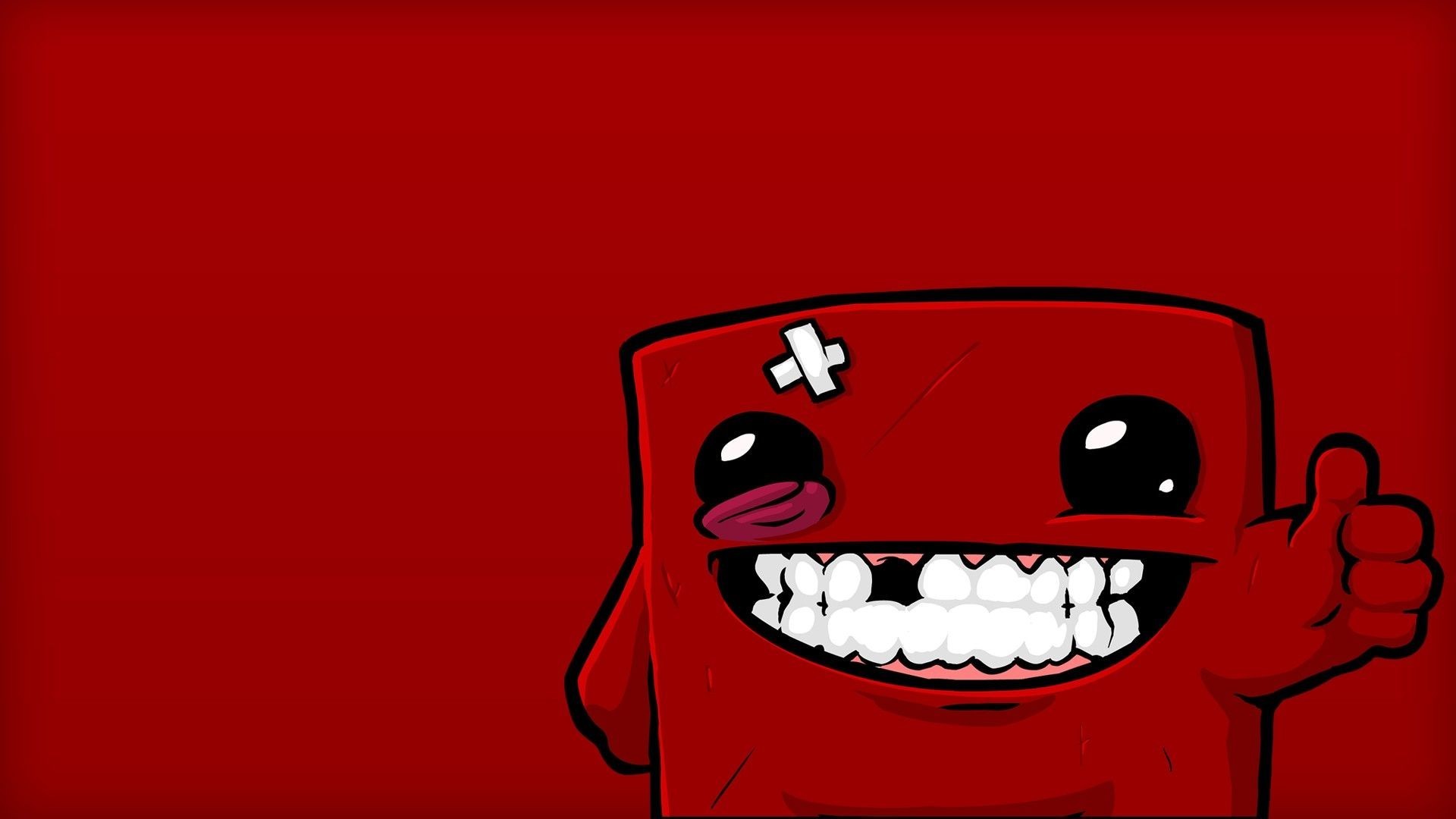Super Meat Boy, Sfondo rosso, Pollice in su, Full HD, wallpaper desktop