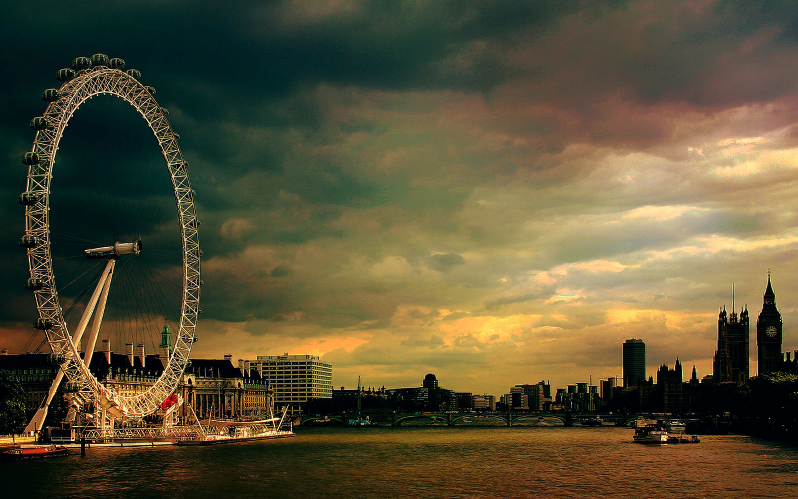 London Eye, Big Ben, Londra, Tamigi, Effetto vintage, 2K, wallpaper desktop