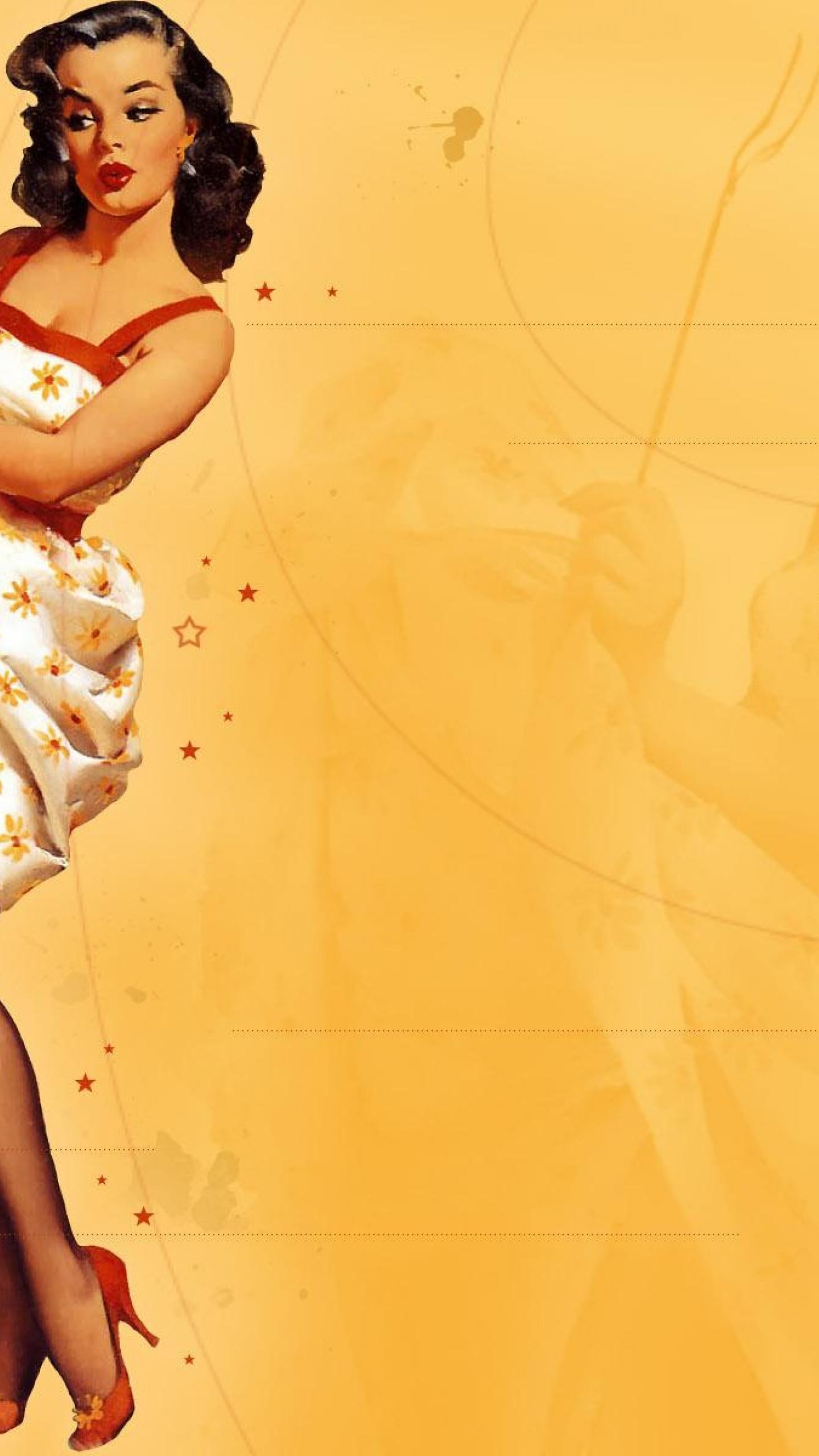 Pin-up, Ragazza mora, Sfondo arancione, Illustrazione retrò, wallpaper per iPhone e Android