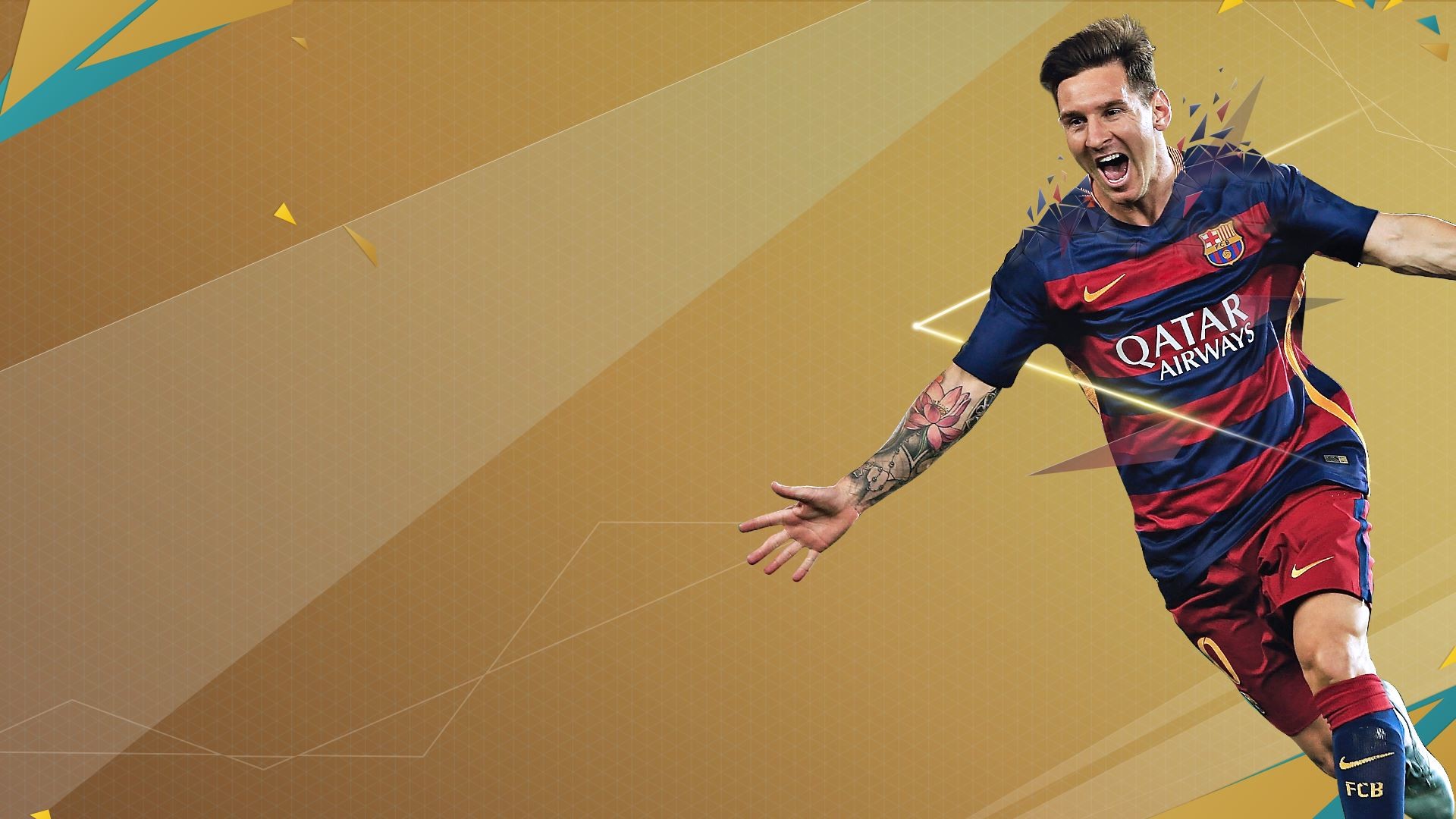 Lionel Messi, FC Barcelona, FIFA 16, Esultanza, Oro, 1920x1080, sfondo per PC