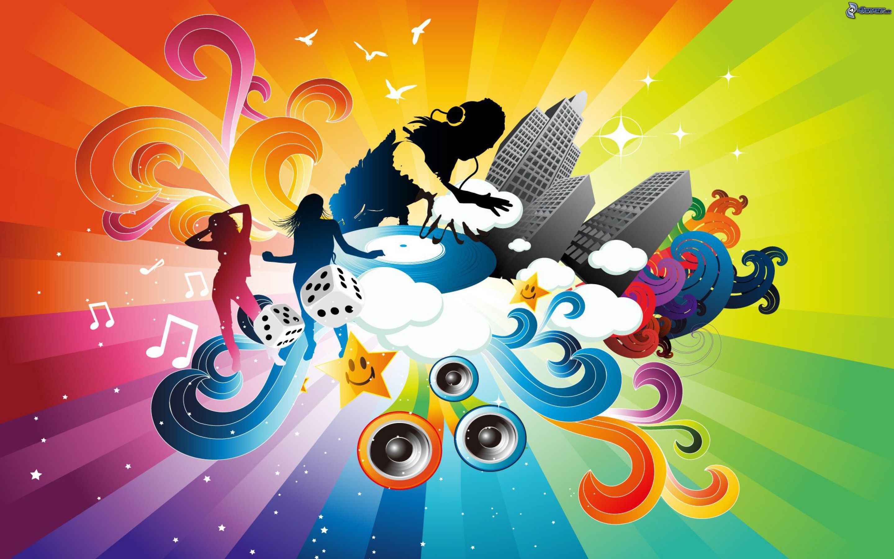 DJ, Silhouette, Arcobaleno, Illustrazione vettoriale, Danza, 2K, sfondo per PC e portatile