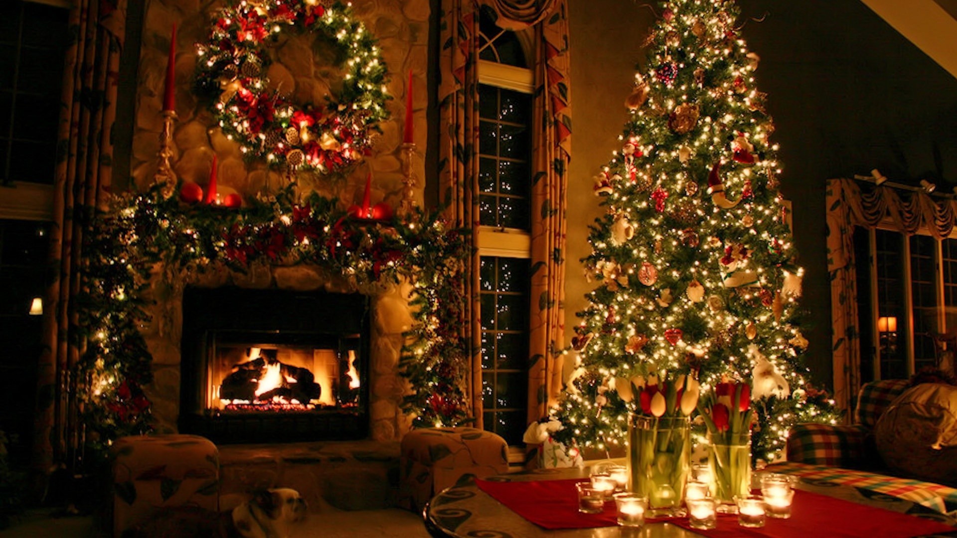 Albero di Natale, Camino, Ghirlanda, Salotto, Luci, Full HD 1080p, sfondo desktop