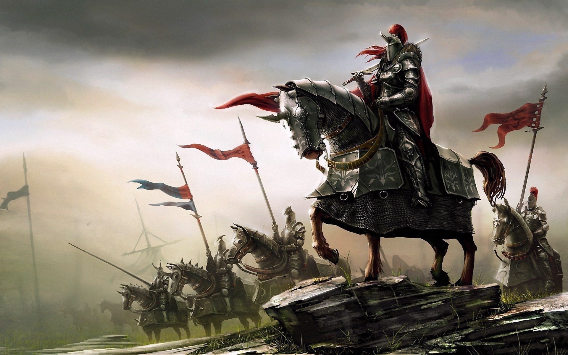 Cavaliere a cavallo, Stendardi, Esercito, Armatura, Battaglia, 16:10 Full HD, sfondo widescreen