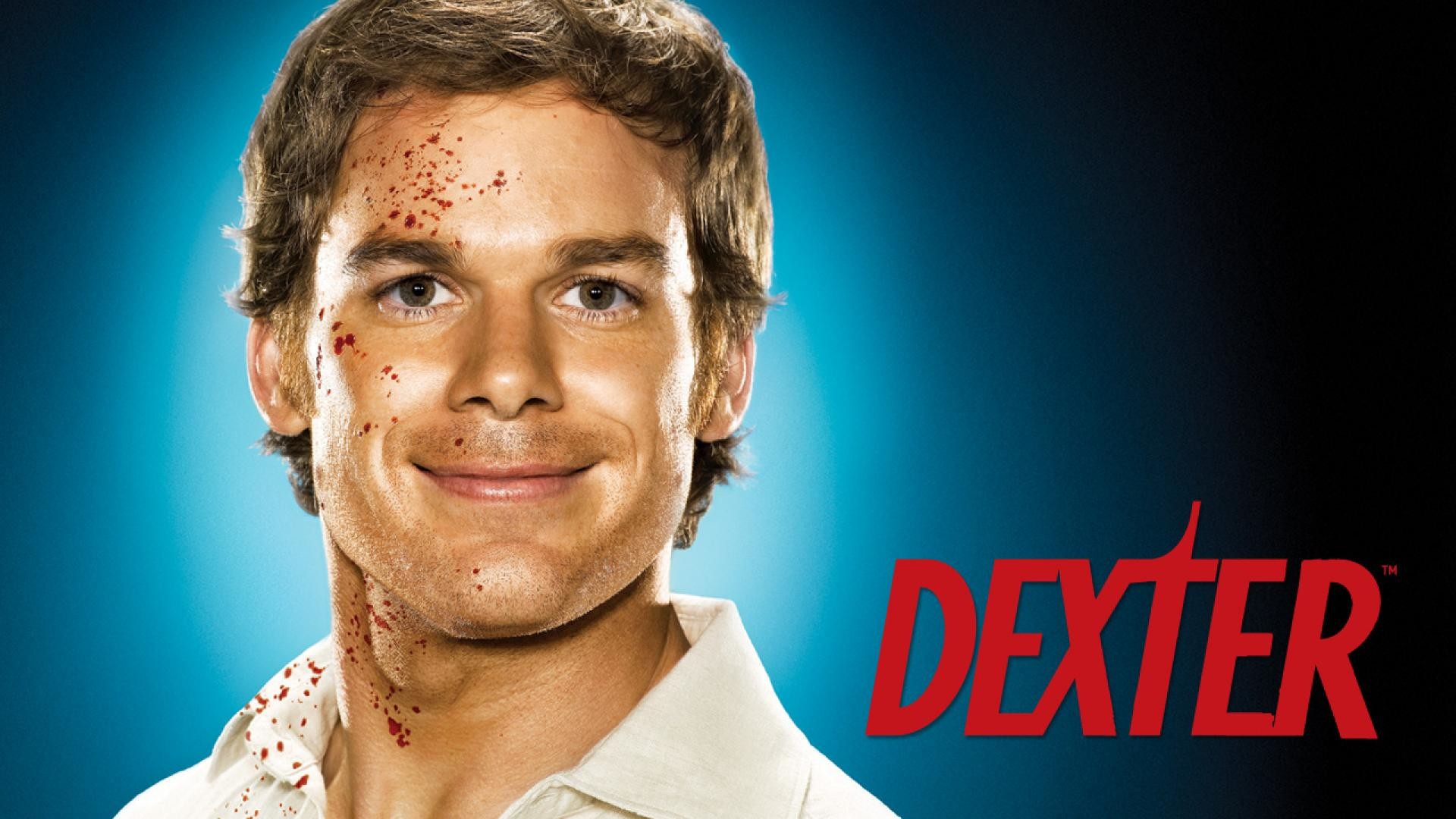 Dexter Morgan, Michael C. Hall, Dexter, Sorriso, Sfondo azzurro, wallpaper per portatile