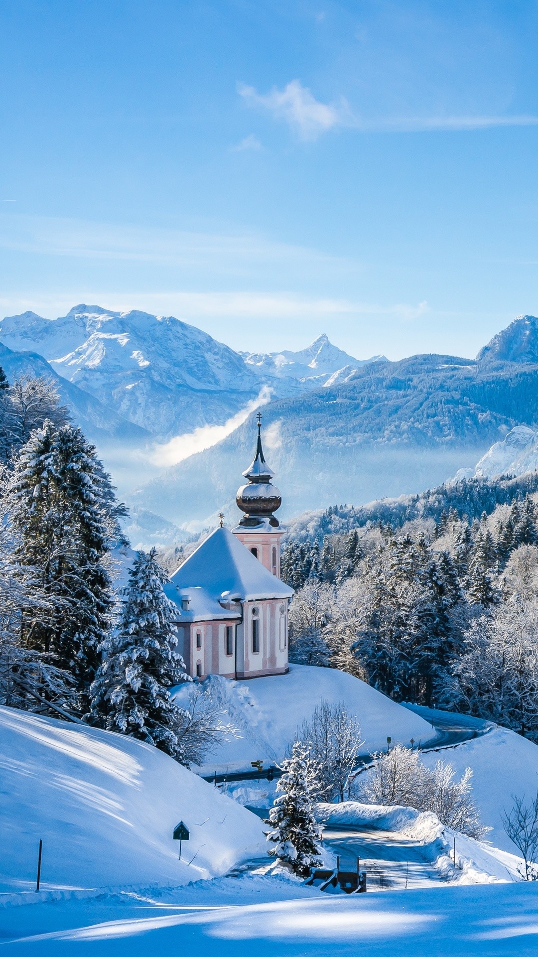 Maria Gern, Baviera, Chiesa, Neve, Inverno, Full HD, schermata di blocco iPhone