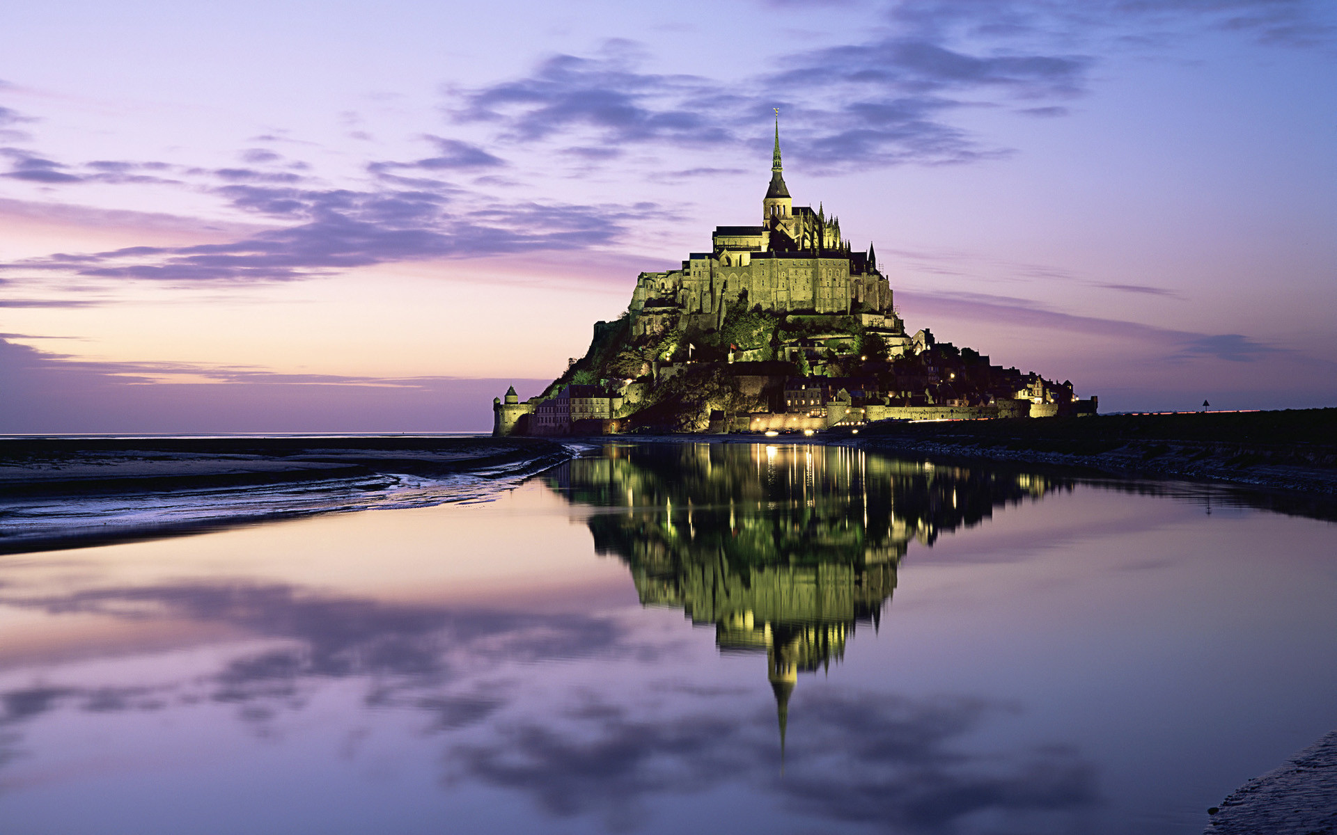 Mont-Saint-Michel, Normandia, Francia, Abbazia, Crepuscolo, Riflesso, sfondo desktop Windows