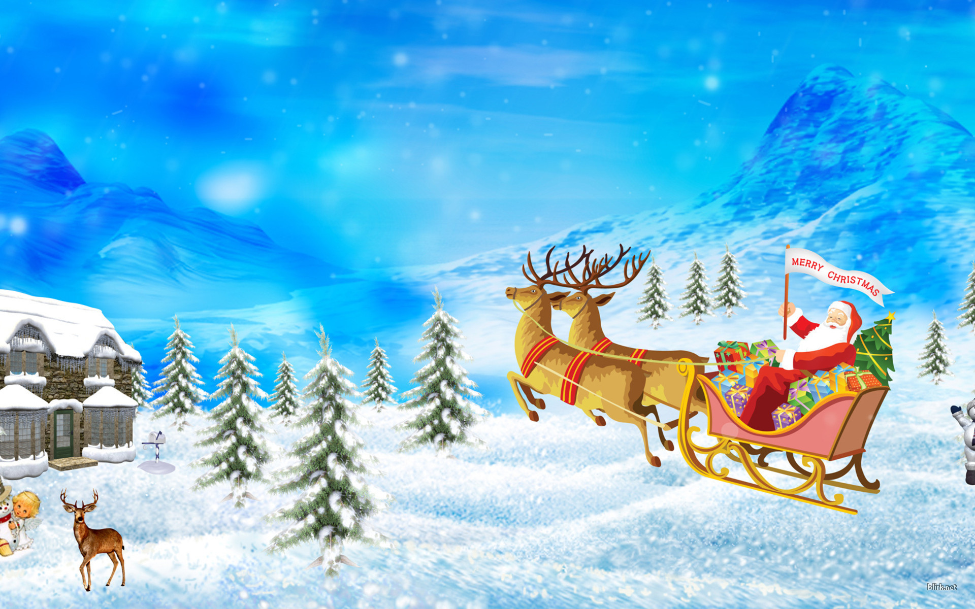Babbo Natale, Slitta, Renne, Natale, Paesaggio innevato, Illustrazione, sfondo desktop Full HD