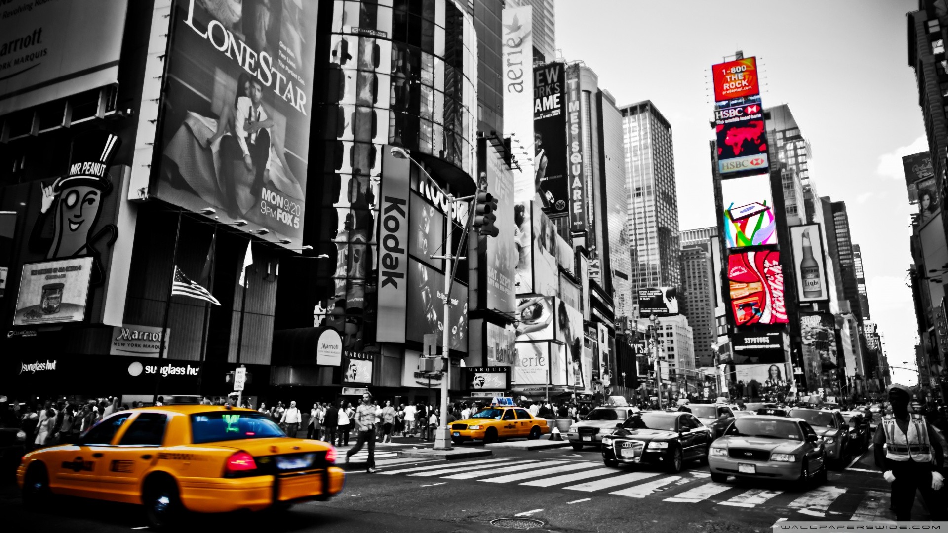 Times Square, New York, Taxi giallo, Colore selettivo, Bianco e nero, sfondo 16:9 Full HD