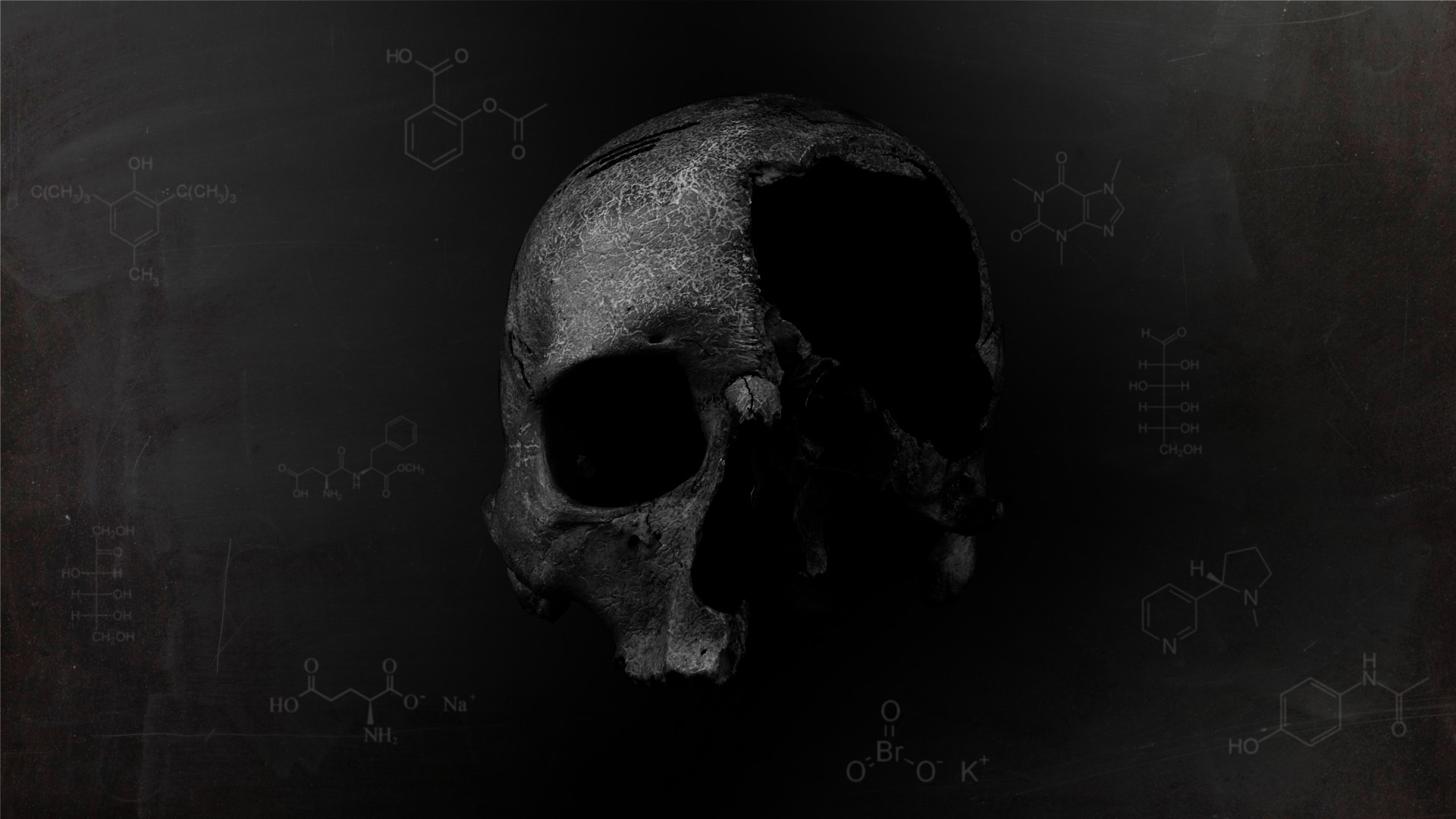 Teschio, Formule chimiche, Toni scuri, 1920x1080, sfondo per PC
