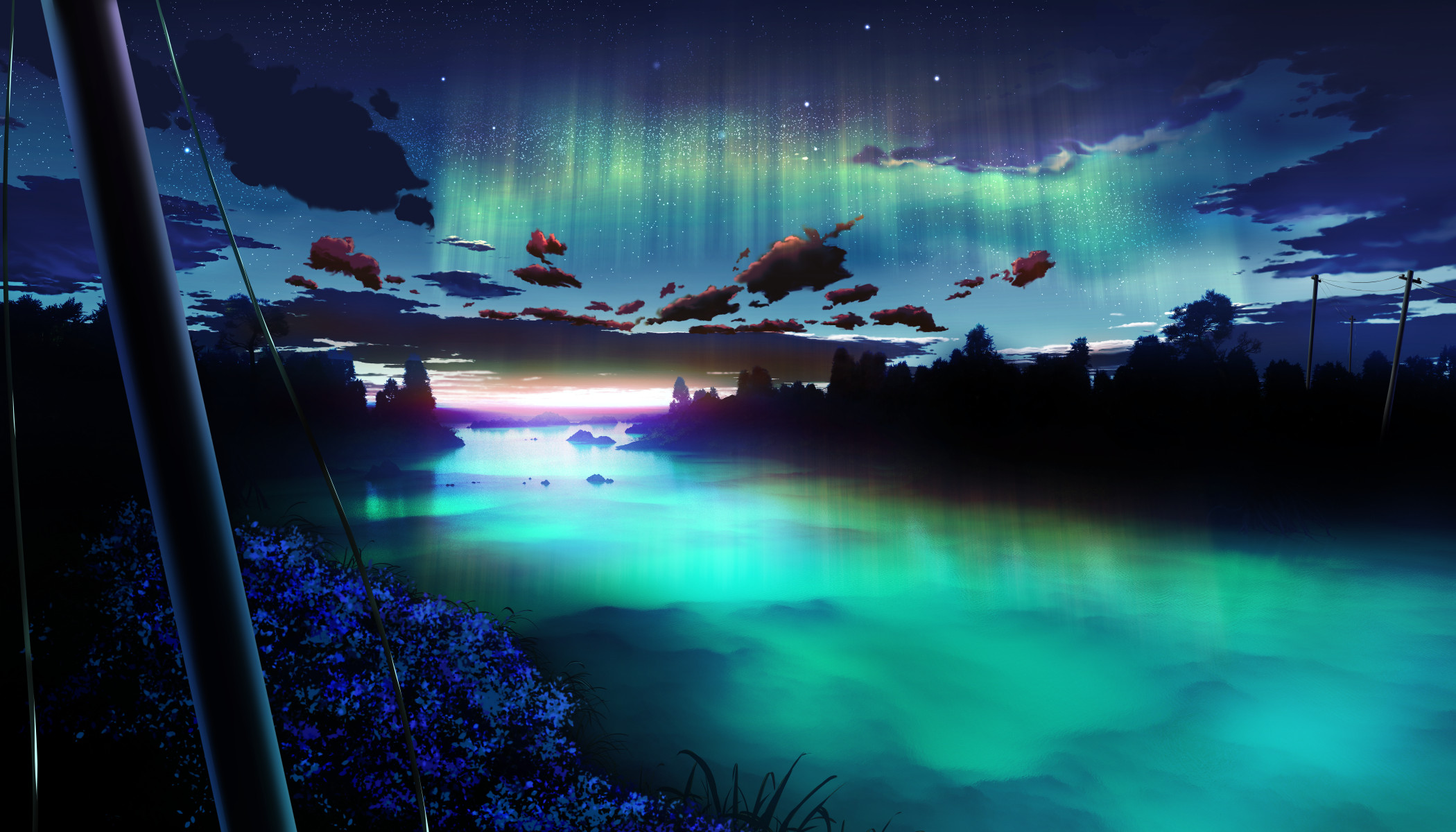 Aurora boreale, Fiume, Anime, Fiori, Notte, Full HD, sfondo per PC e portatile
