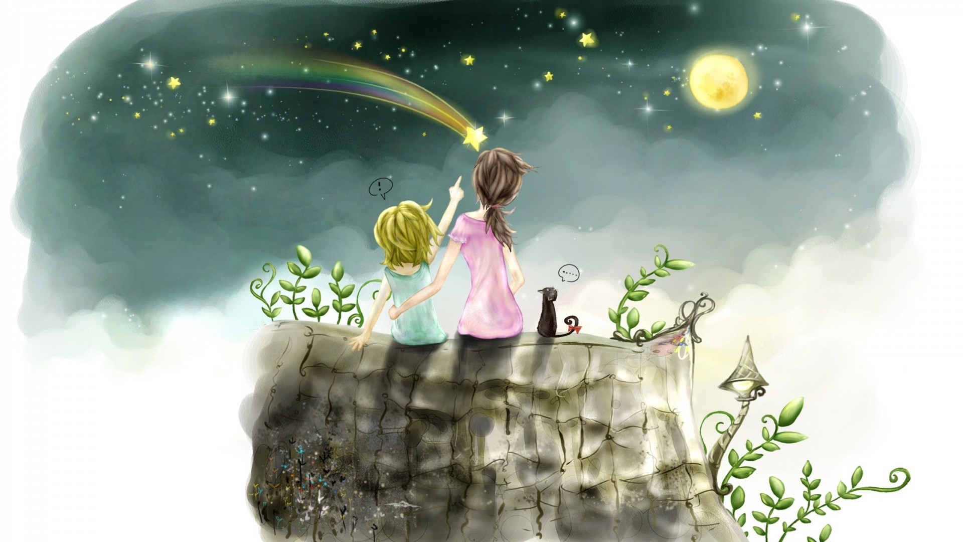 Bambini, Stella cadente, Notte, Illustrazione, Luna, Full HD, sfondo Windows 11