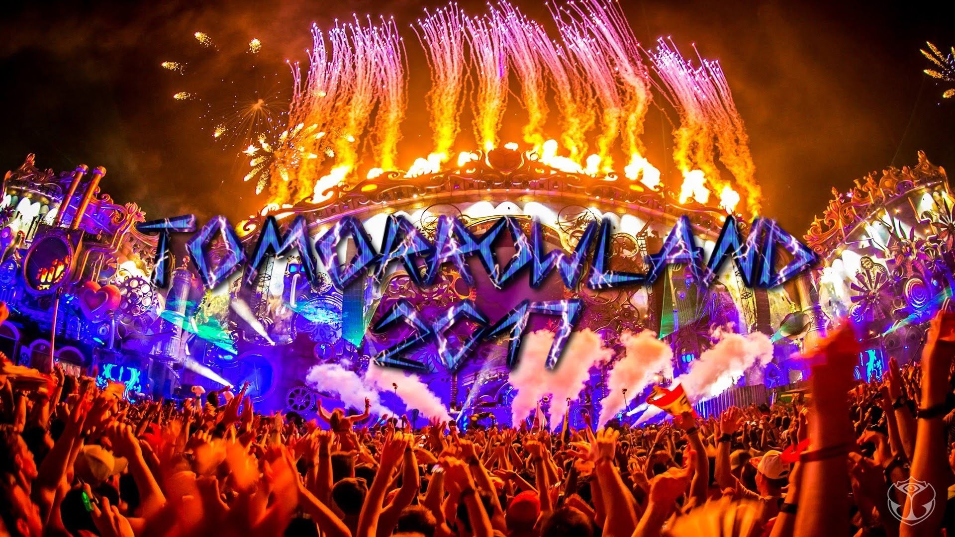 Tomorrowland 2017, Main stage, Fuochi pirotecnici, Folla, Full HD, sfondo per portatile