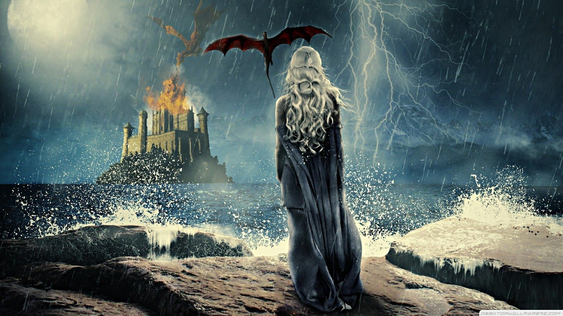Daenerys Targaryen, Drago, Roccia del Drago, Il Trono di Spade, Tempesta, Fulmini, wallpaper Full HD