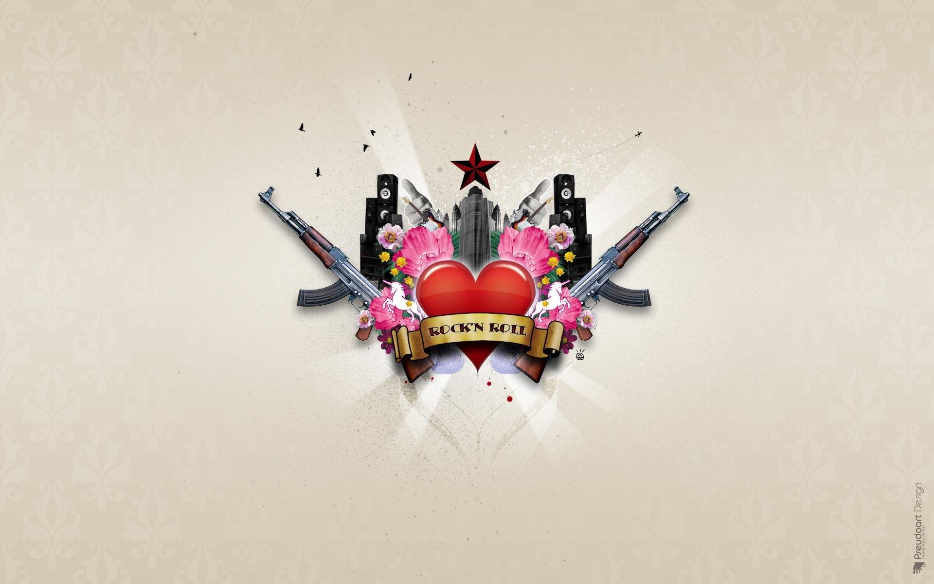 Rock'n Roll, Cuore, Chitarre, Stella rossa, 1920x1200, sfondo per PC