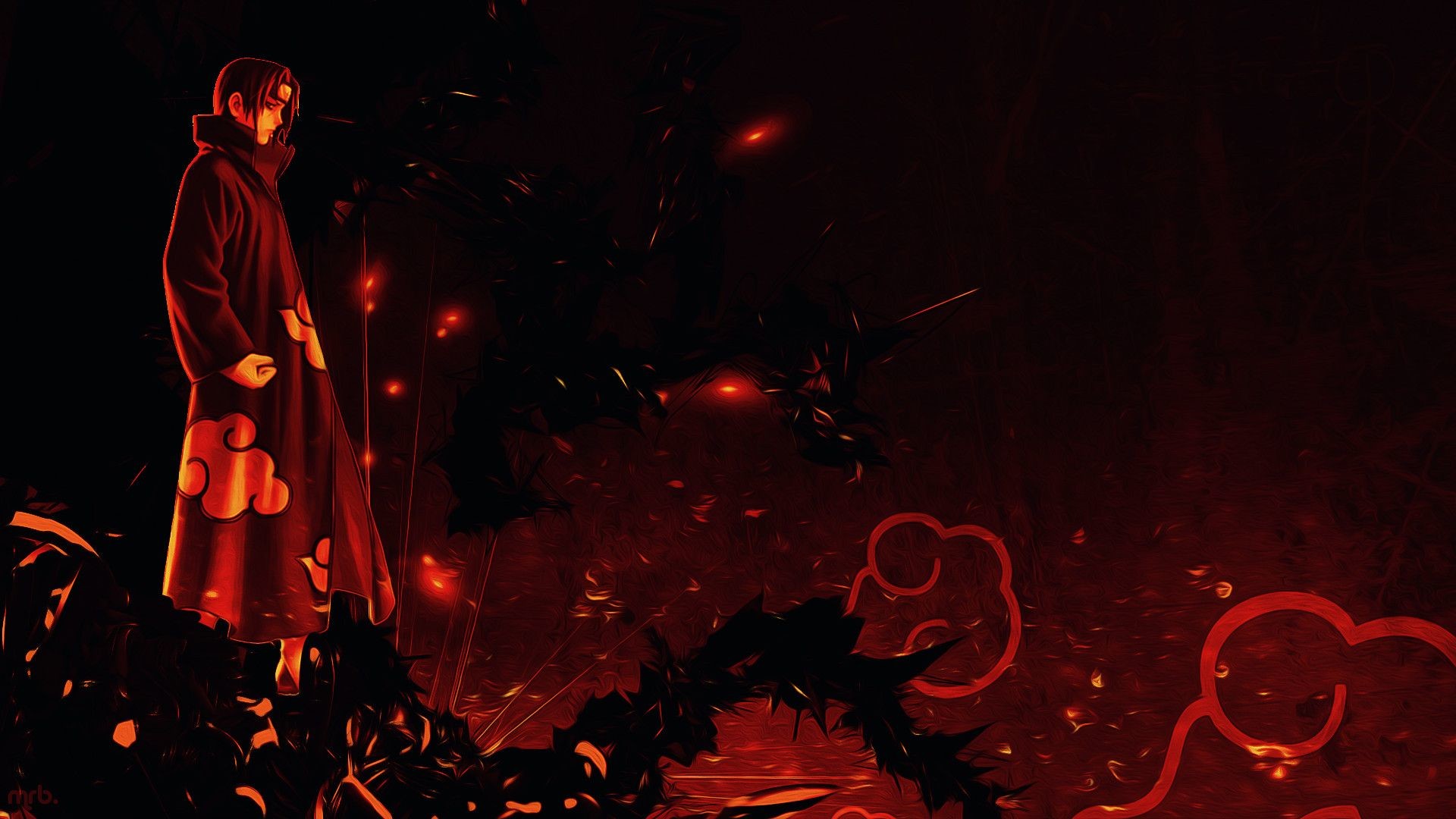 Itachi Uchiha, Akatsuki, Nuvole rosse, Scintille, Full HD 1080p, sfondo desktop