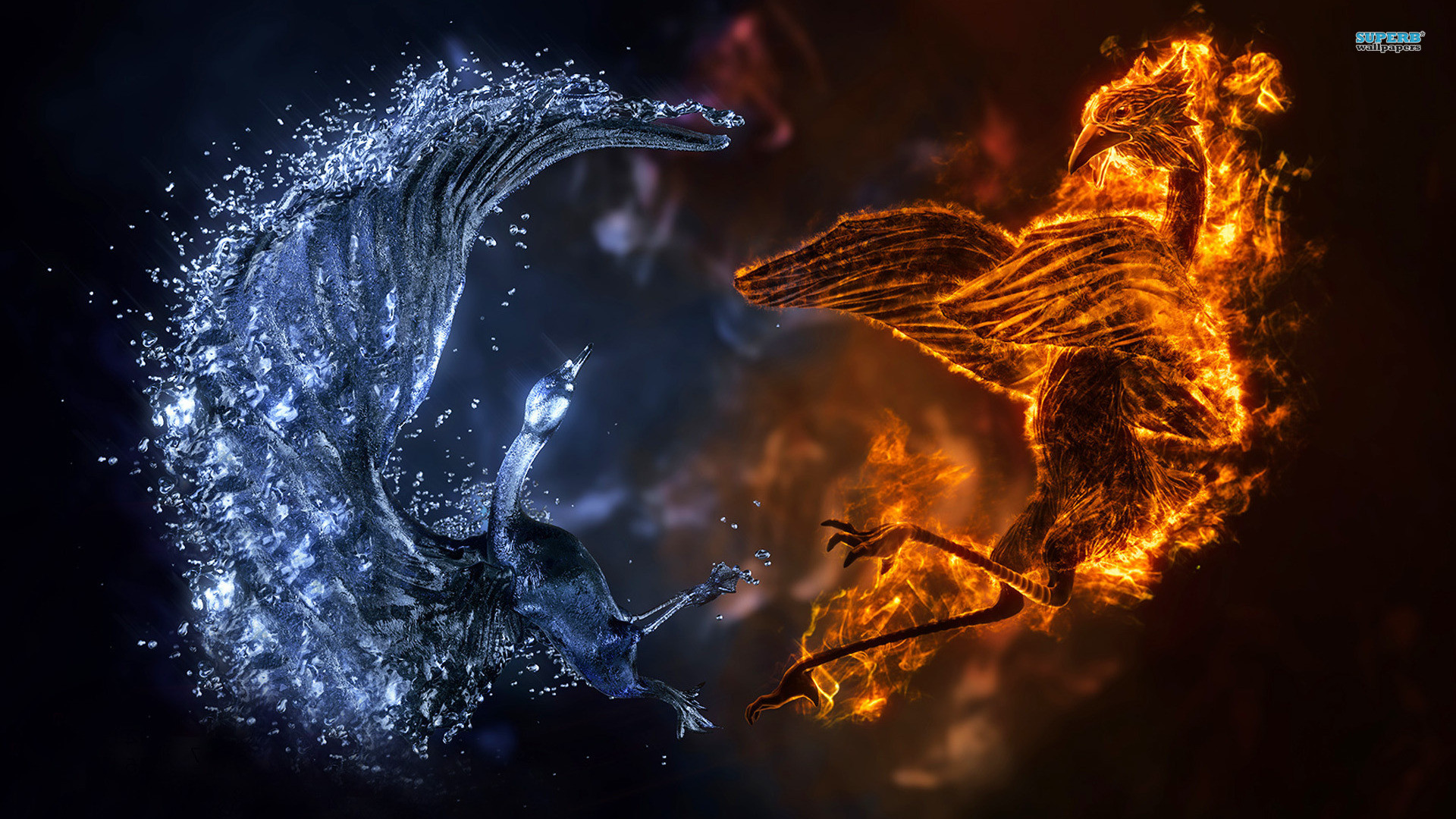 Acqua e fuoco, Fenici, Arte digitale, Sfondo scuro, Full HD, wallpaper PC