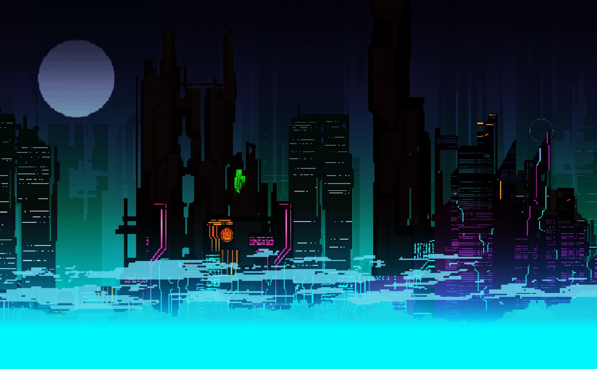 Pixel art, Città cyberpunk, Luna, Luci al neon, 16:10 Full HD, sfondo widescreen