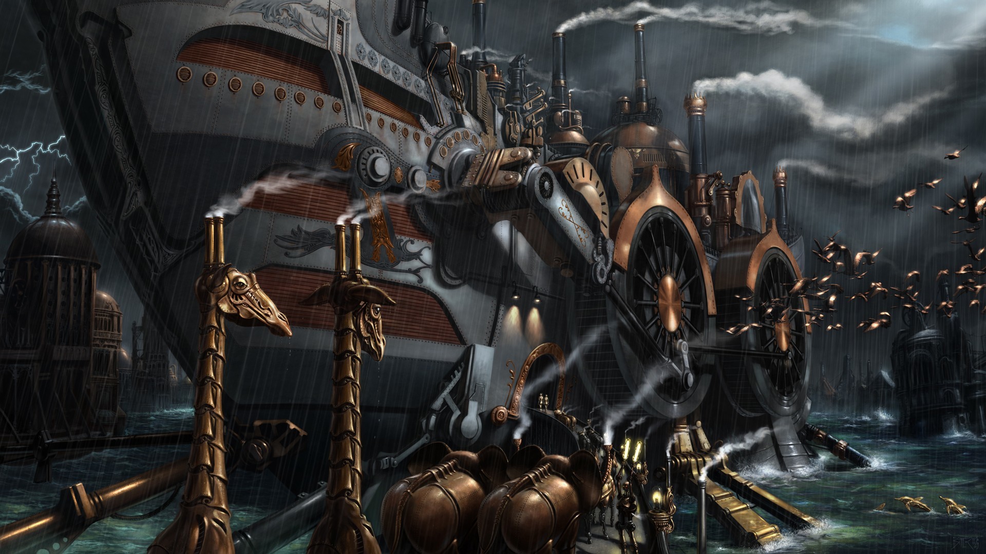 Nave a vapore, Porto, Tempesta, Steampunk, 16:9 Full HD, wallpaper widescreen