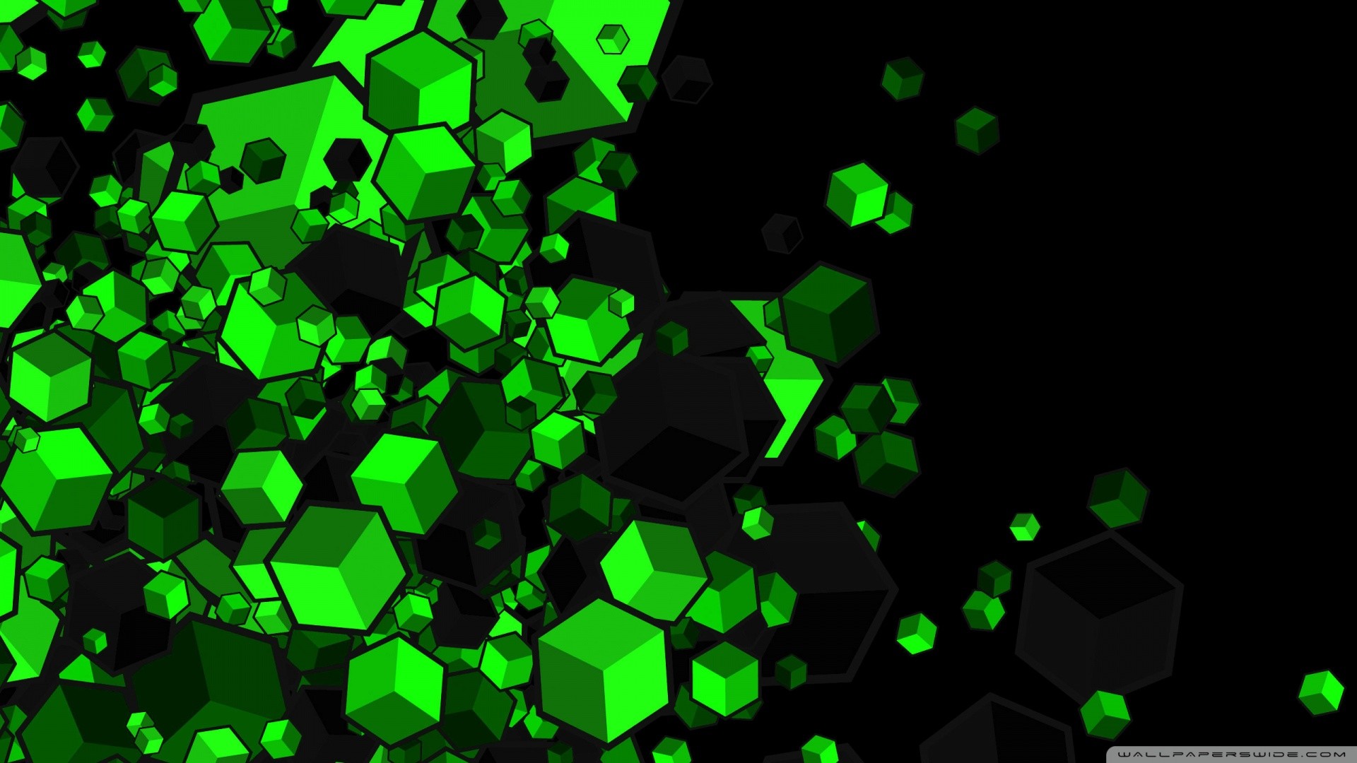 Cubi, Rendering 3D, Verde neon, Sfondo nero, Full HD, wallpaper per portatile