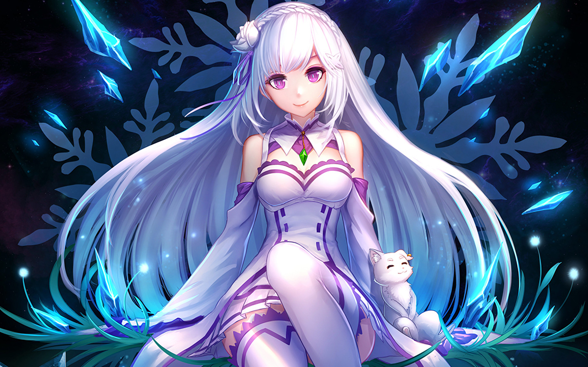 Emilia, Puck, Re:Zero, Cristalli di ghiaccio, Capelli argentati, sfondo desktop 1920x1200