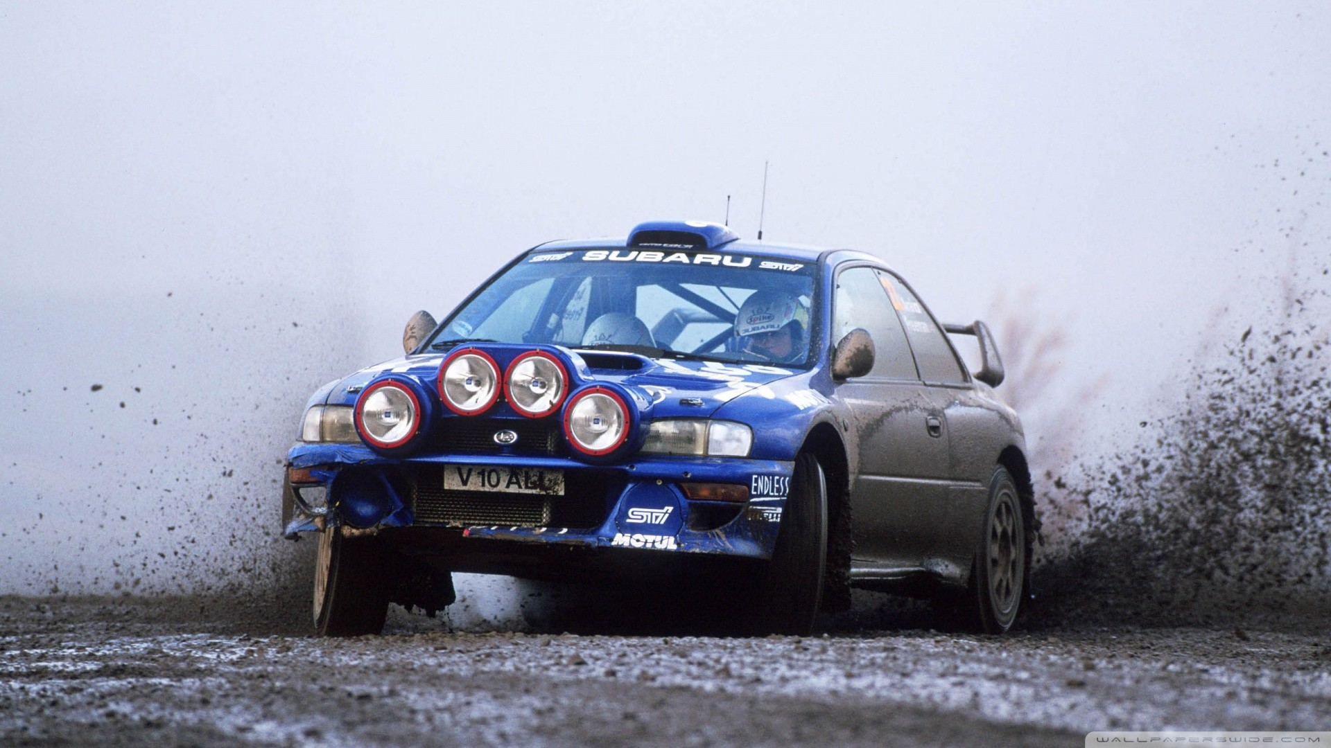 Subaru Impreza WRC, Fari supplementari, Fango, Rally, 16:9 Full HD, sfondo widescreen