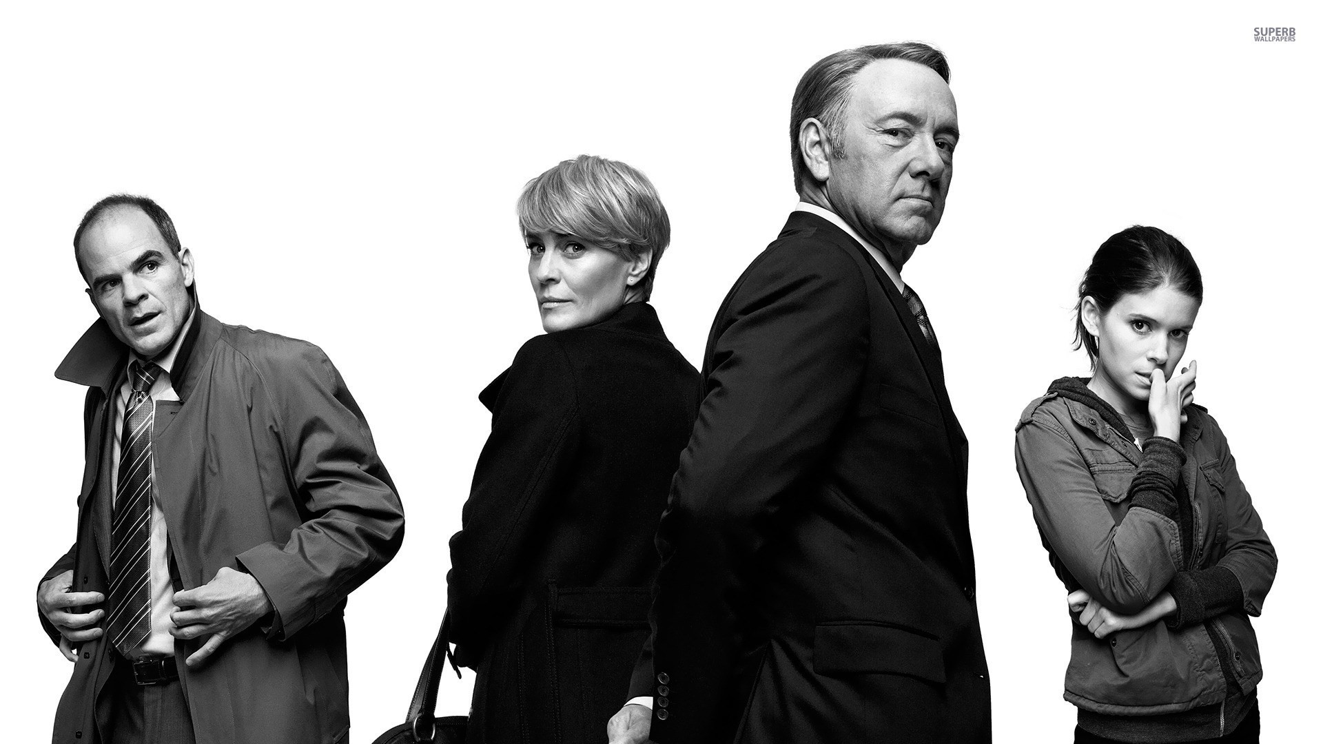 Frank Underwood, Claire Underwood, Doug Stamper, Zoe Barnes, Kevin Spacey, Robin Wright, Kate Mara, House of Cards, Bianco e nero, sfondo per PC