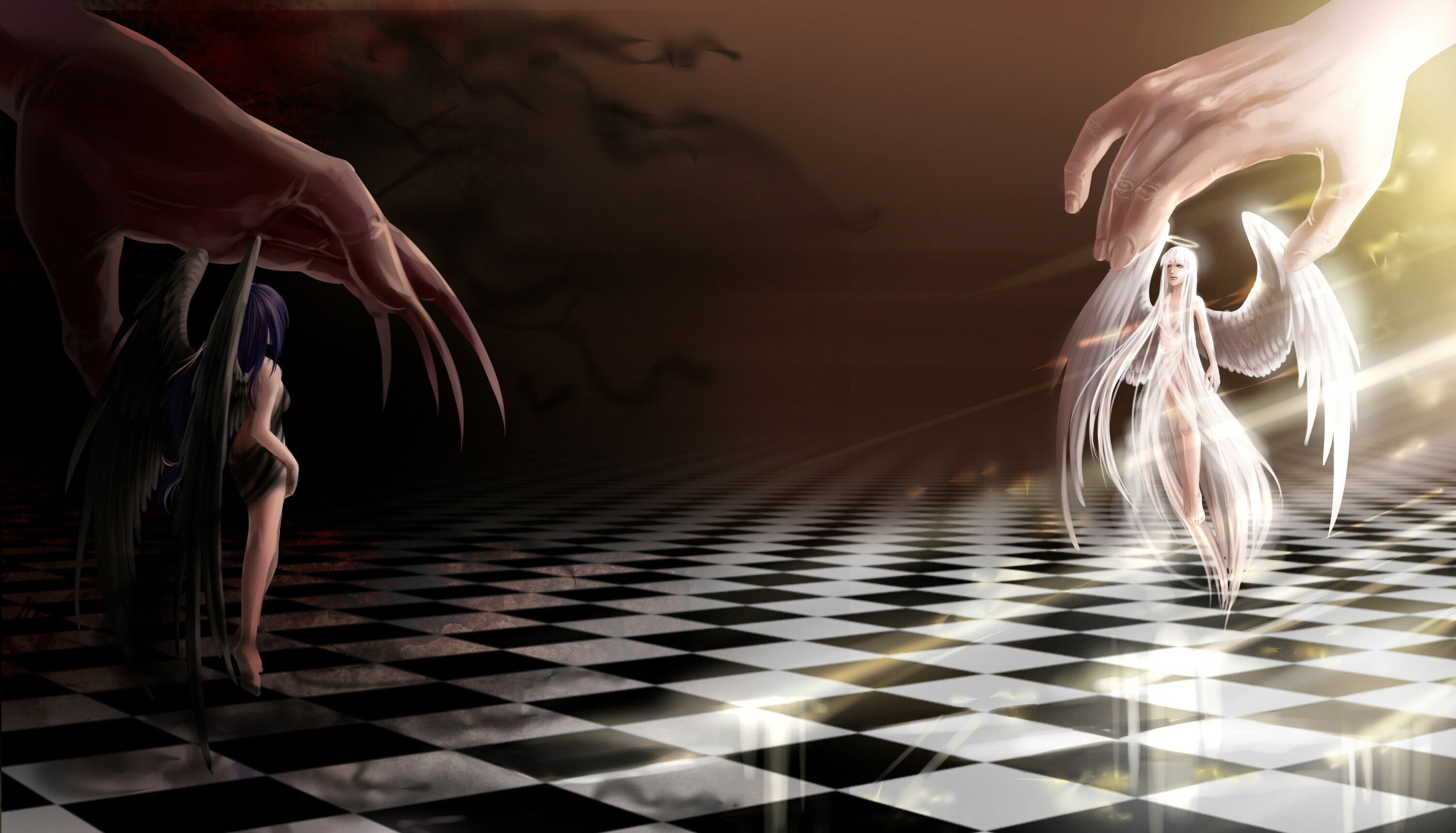 Angelo e demone, Scacchiera, Mani, Fantasy, 2K, sfondo desktop