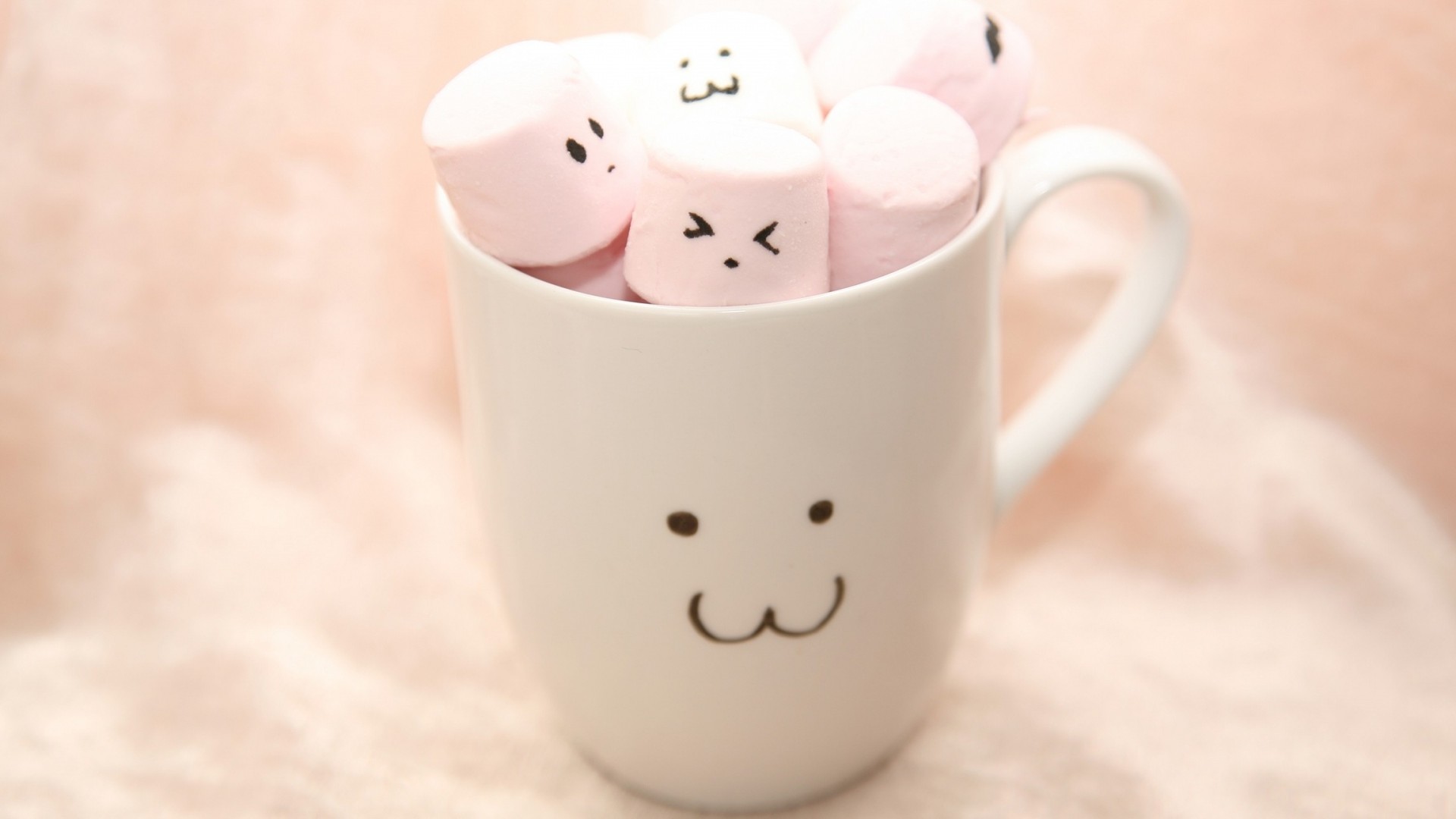Marshmallow, Tazza, Kawaii, Faccine, Rosa, 16:9 Full HD, sfondo widescreen