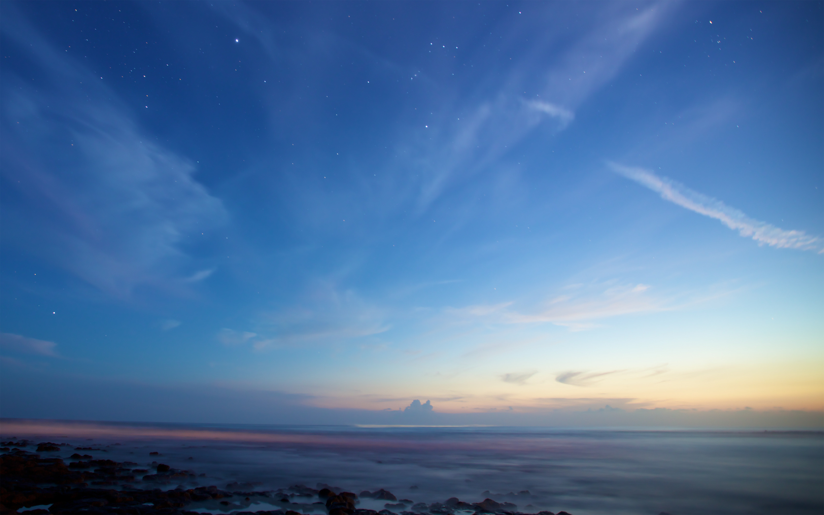 Crepuscolo, Mare, Cielo blu, 2K, sfondo desktop