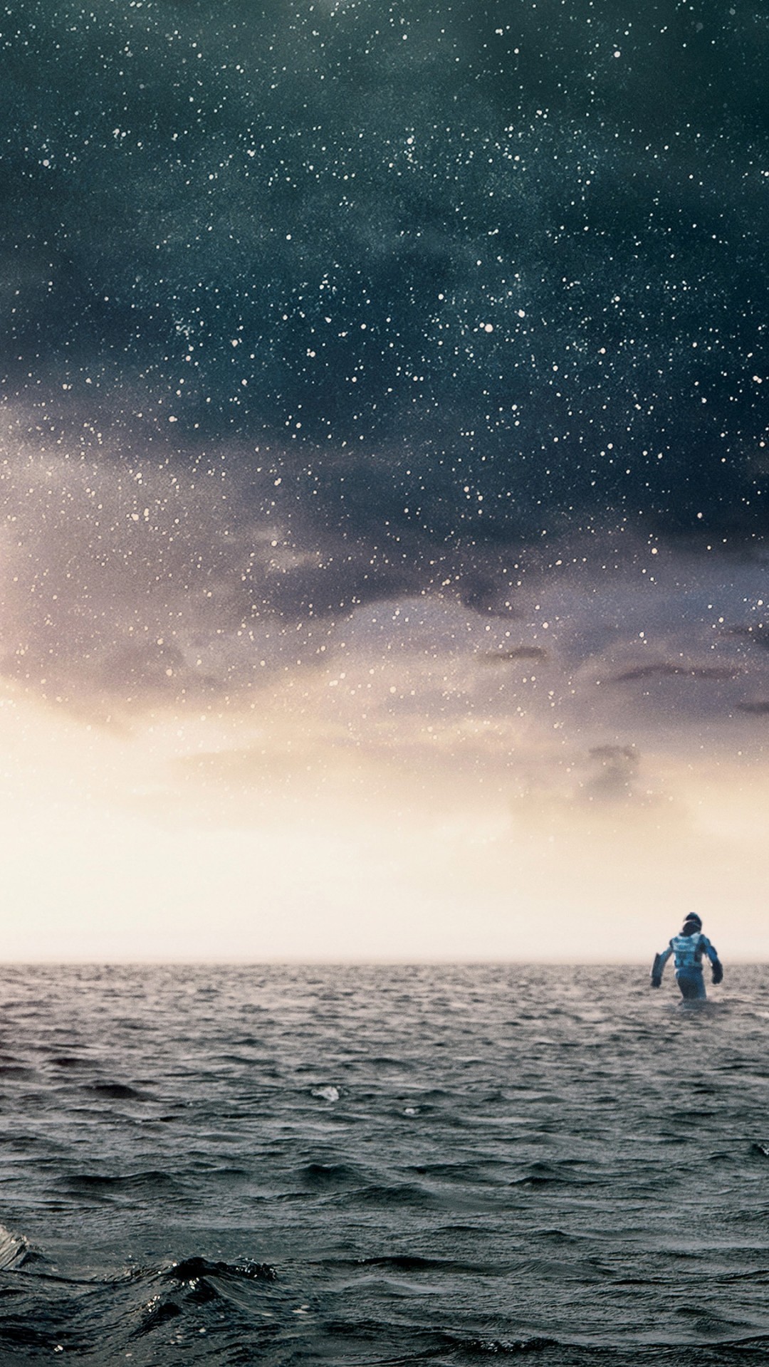 Persona nel mare, Oceano, Cielo stellato, Surreale, sfondo per cellulare, iPhone e Android