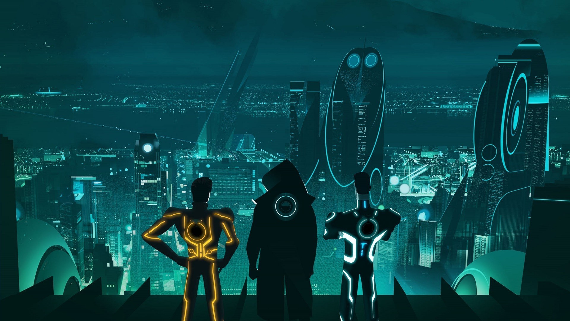 Tron, Silhouette, Città notturna, Neon, Ciano, Full HD, sfondo desktop