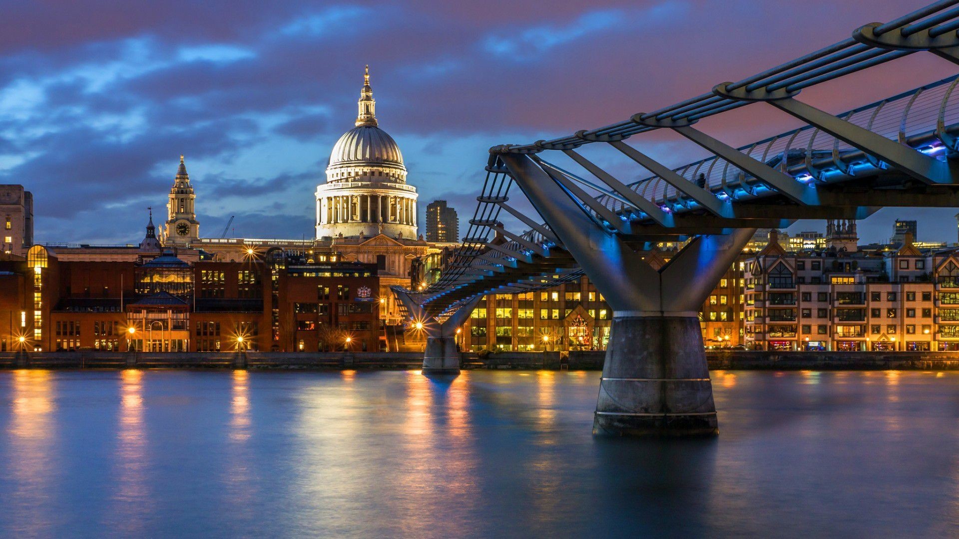 Cattedrale di Saint Paul, Millennium Bridge, Londra, Tamigi, Notte, sfondo per desktop