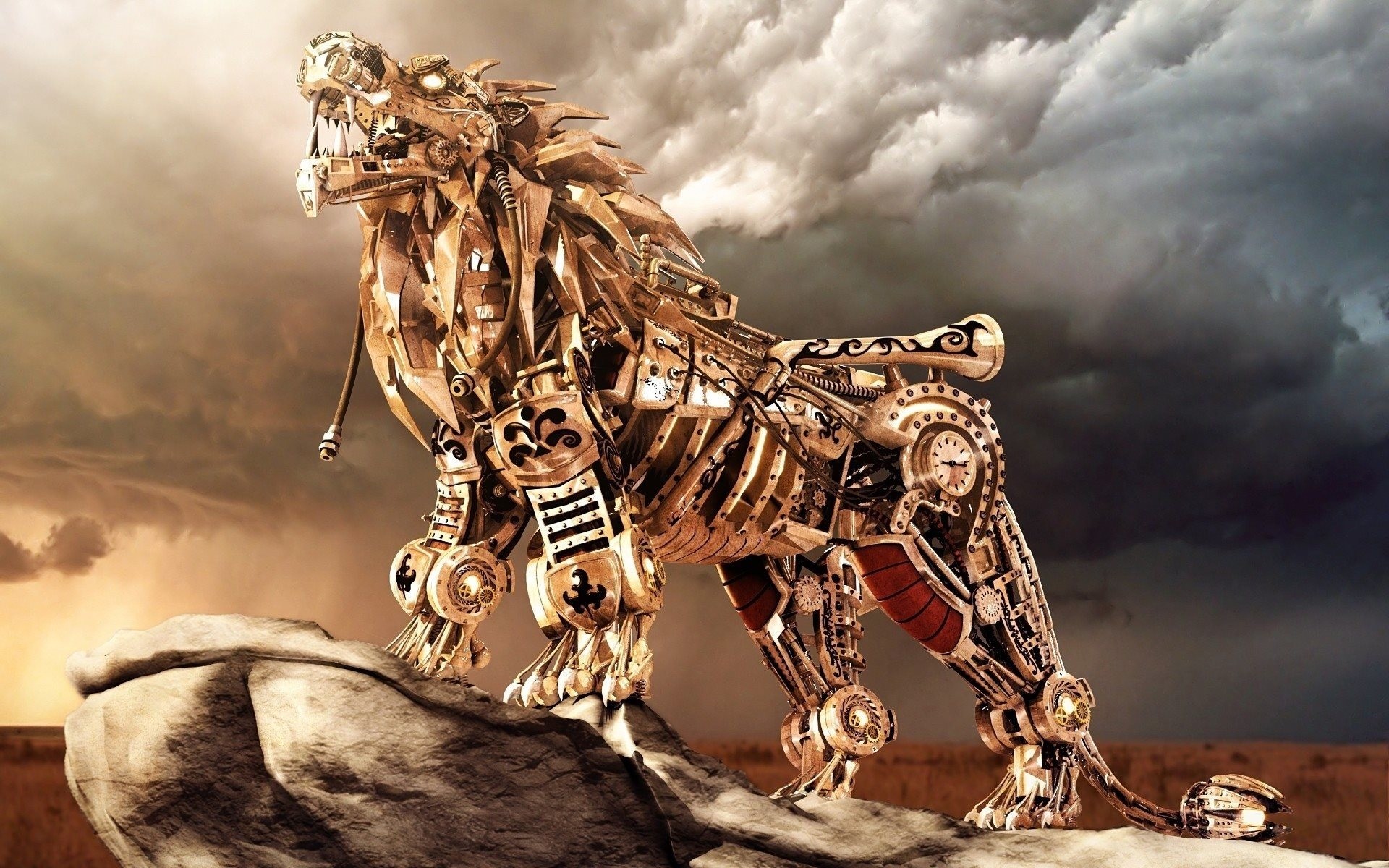 Leone meccanico, Steampunk, Ingranaggi, Arte digitale, 1920x1200, sfondo MacBook Pro