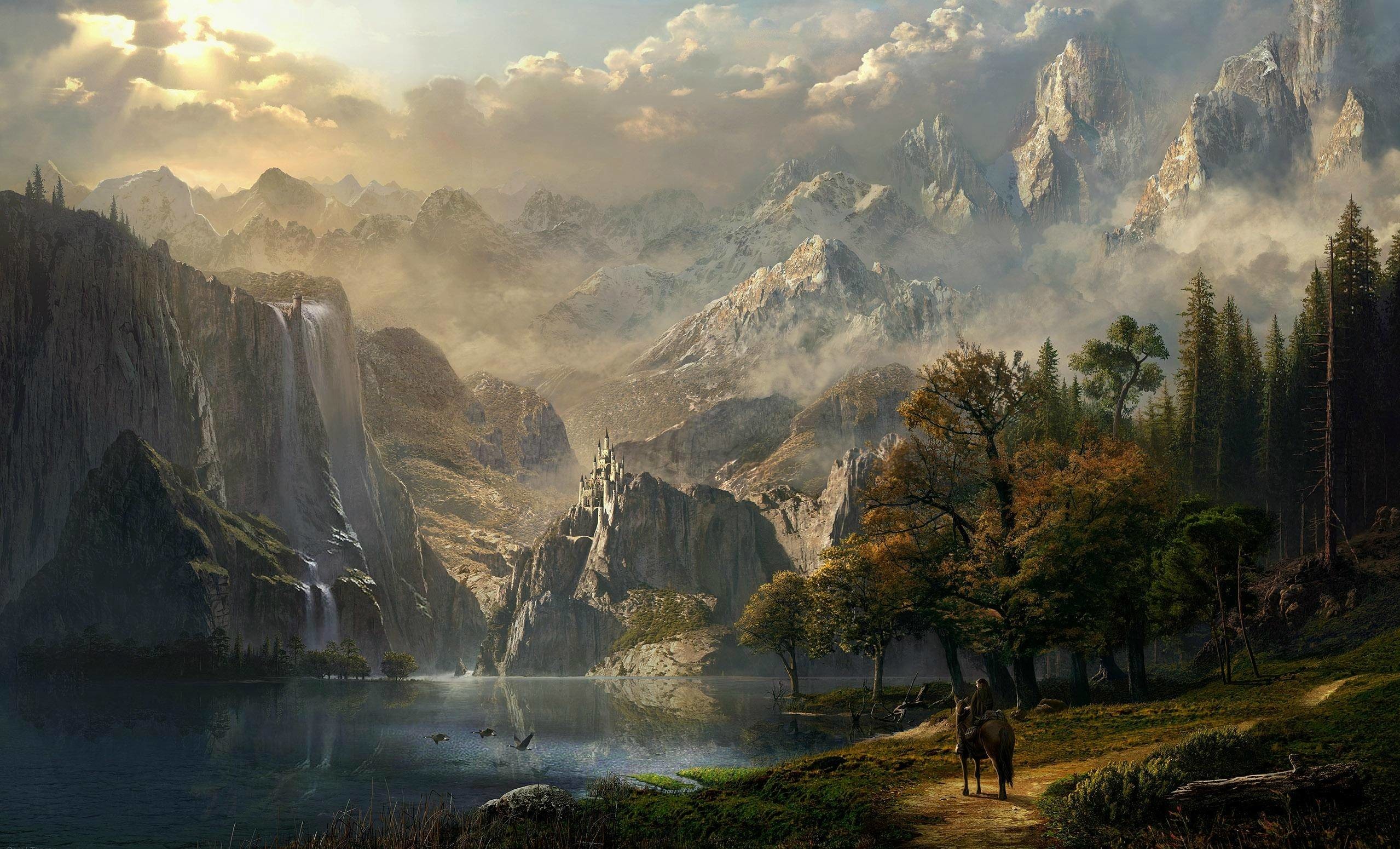 Paesaggio, Cascata, Montagne, Pittura, Lago, Full HD, sfondo per PC