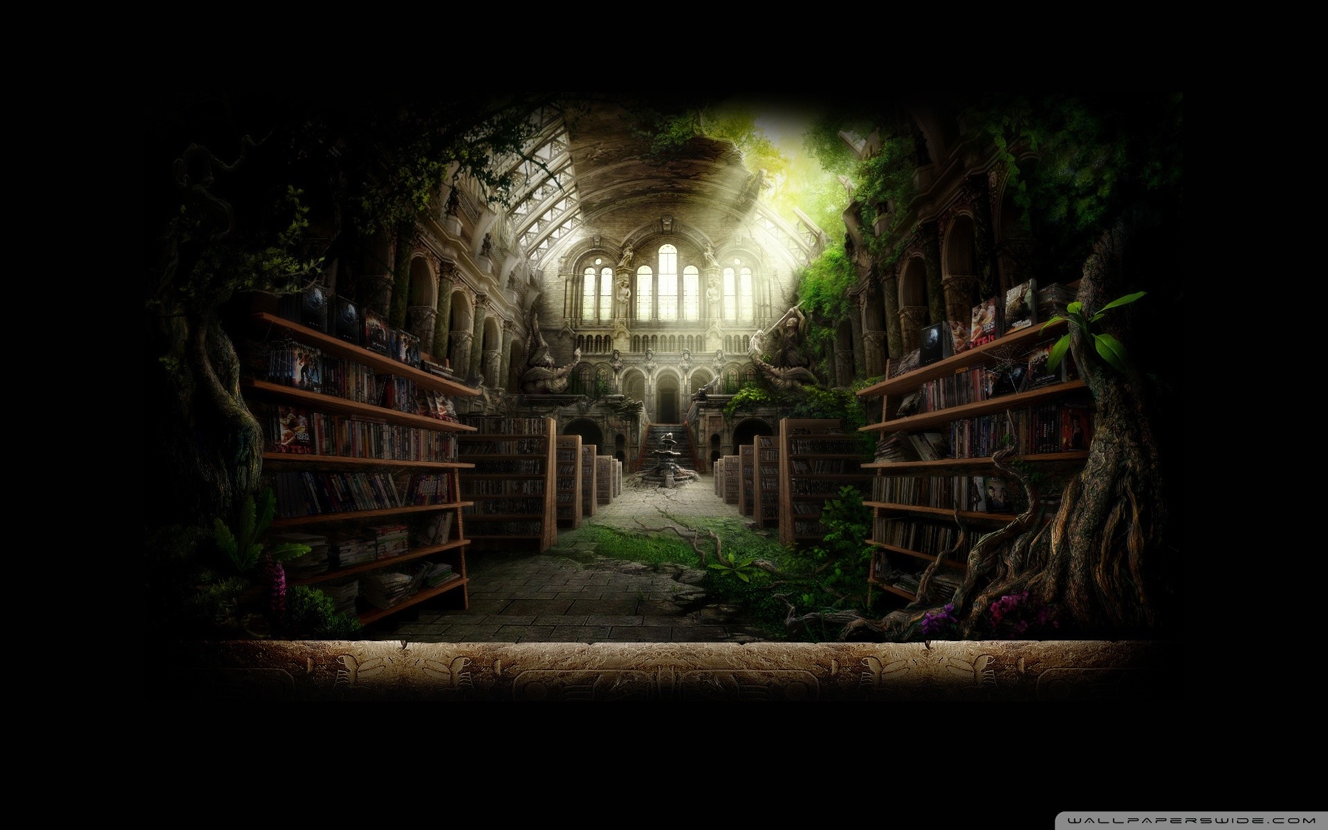 Biblioteca abbandonata, Fantasy, Scuro, Muschio, 16:10 Full HD, wallpaper widescreen