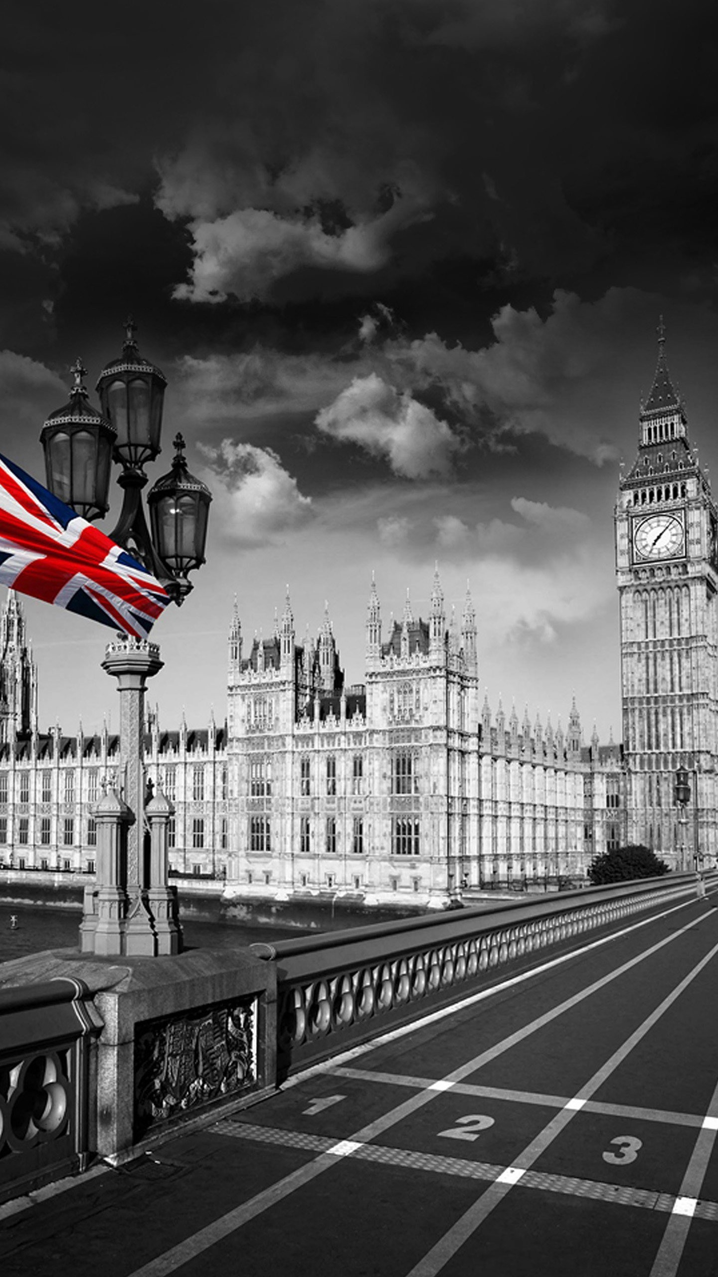 Big Ben, Palazzo di Westminster, Londra, Union Jack, Bianco e nero, sfondo verticale per cellulare