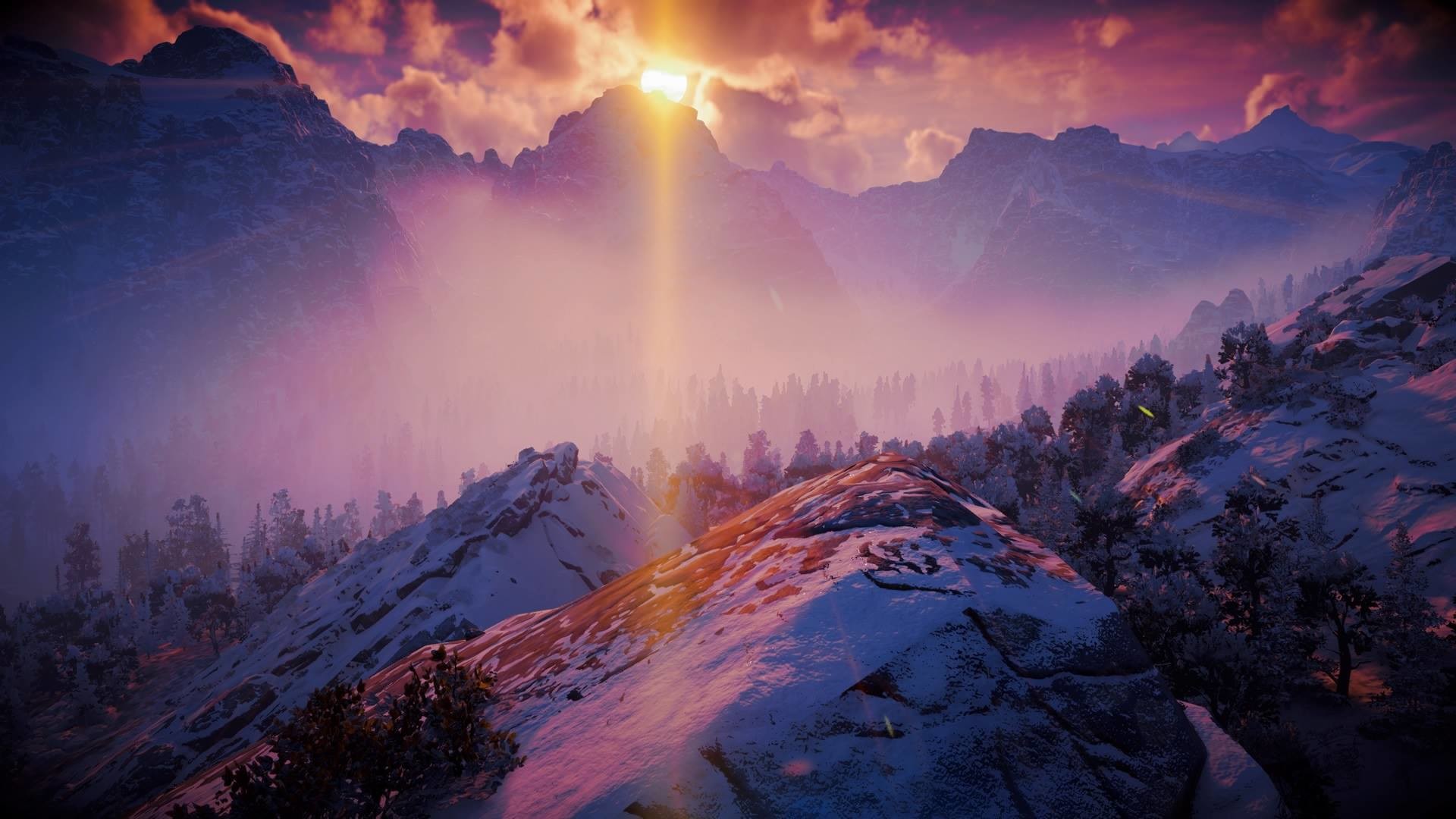 Horizon Zero Dawn, Montagne, Tramonto, Raggio di luce, Full HD, wallpaper desktop
