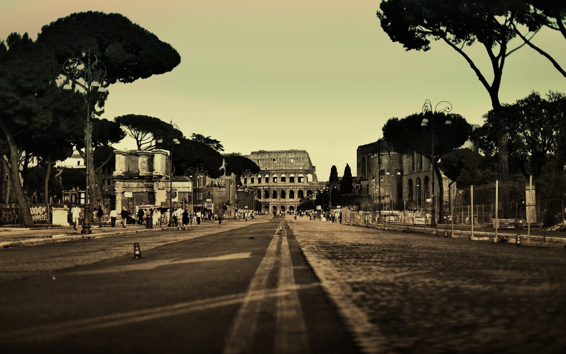 Via dei Fori Imperiali, Colosseo, Roma, Pini marittimi, Seppia, Strada, sfondo MacBook Pro