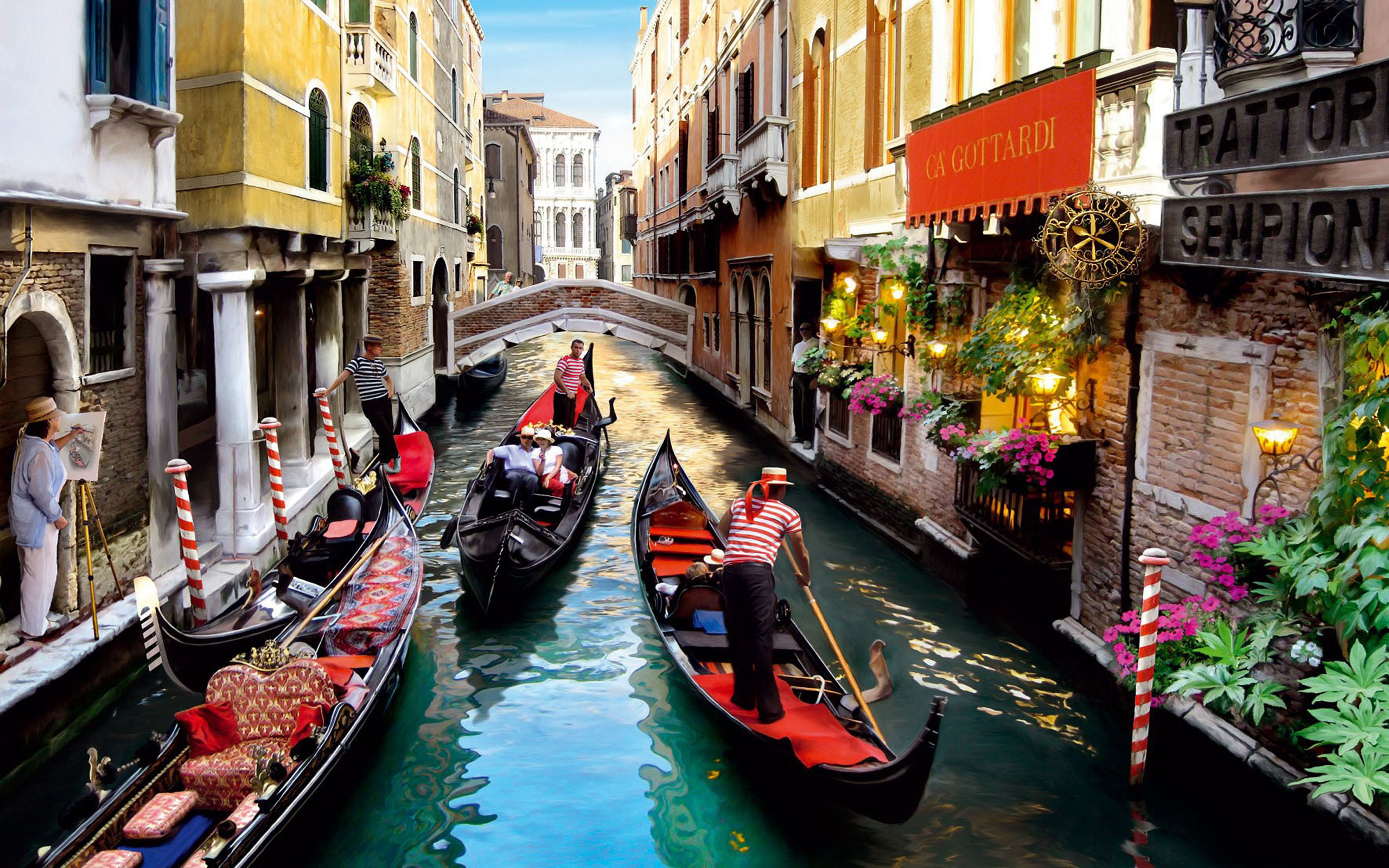 Venezia, Canale, Gondolieri, Gondole, Trattoria, 2K, sfondo Windows 11