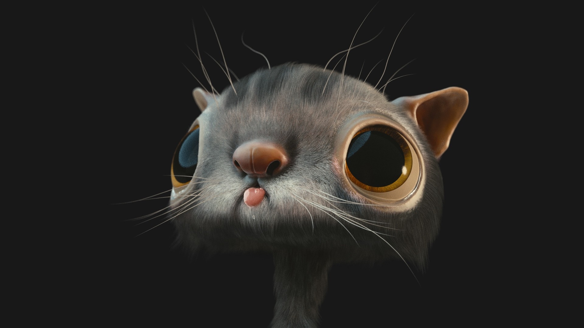 Gatto cartone, Occhi grandi, Rendering 3D, Sfondo scuro, Full HD, wallpaper desktop
