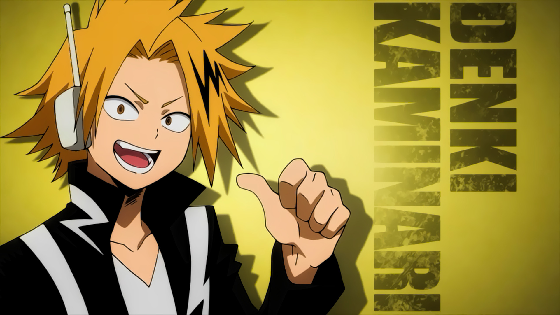 Denki Kaminari, My Hero Academia, Tipografia, Sfondo giallo, Sorriso, wallpaper desktop Full HD