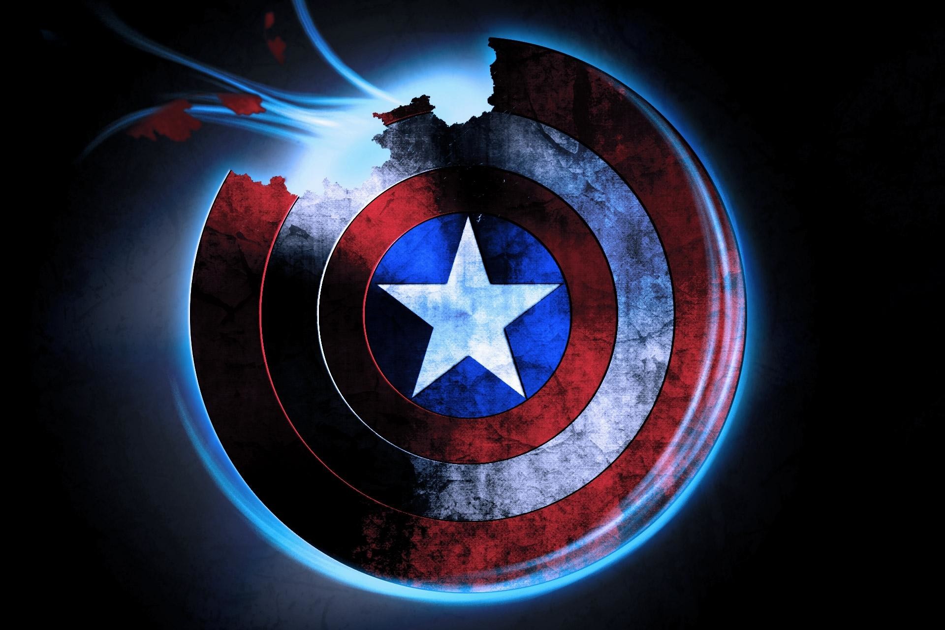 Scudo di Captain America, Marvel, Neon blu, Sfondo nero, Full HD, wallpaper per portatile