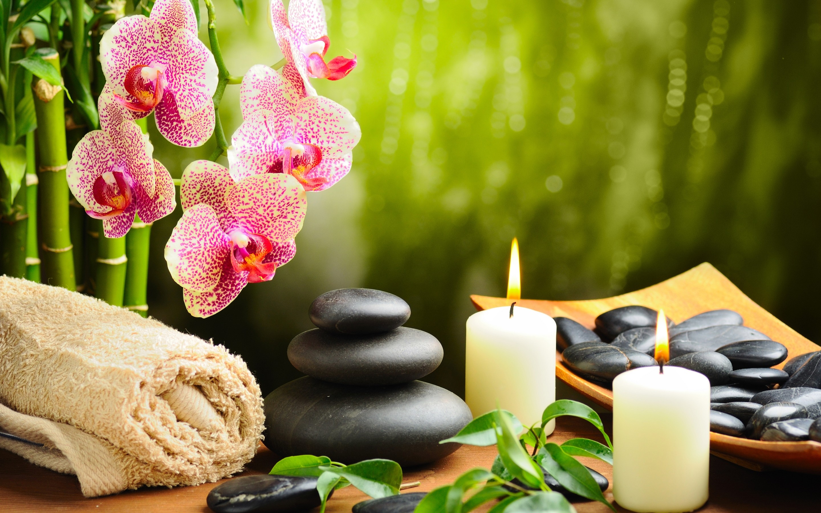 Orchidee, Spa, Candele, Pietre nere, Asciugamano, 2880x1800, sfondo per PC