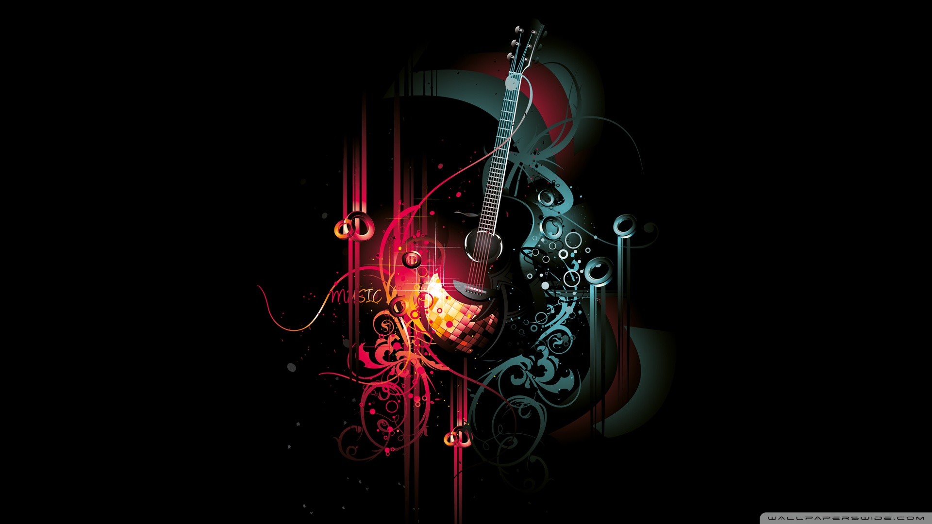 Chitarra, Arte digitale, Rosso e verde acqua, Sfondo nero, Astratto, wallpaper per desktop