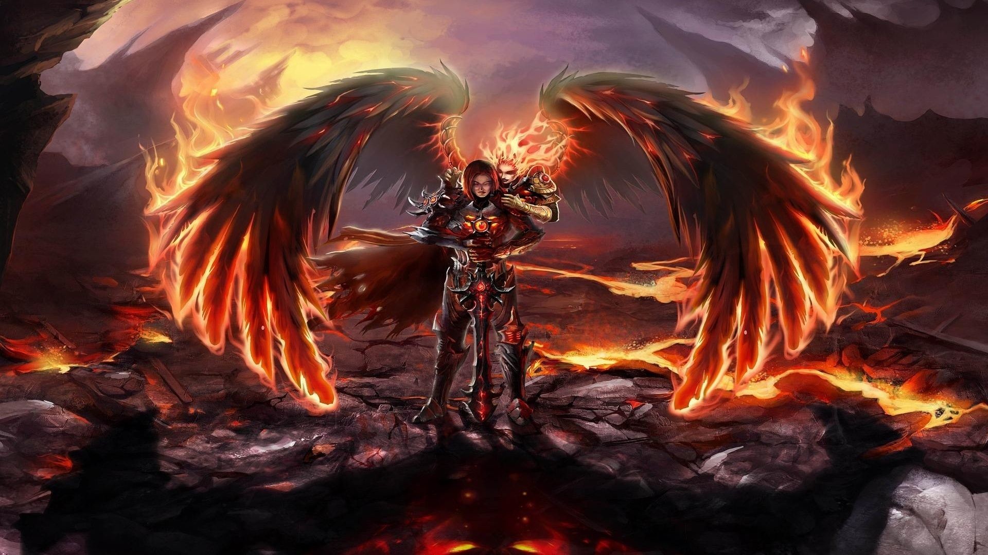 Angelo caduto, Ali infuocate, Armatura, Lava, Arte fantasy, Full HD, wallpaper per portatile